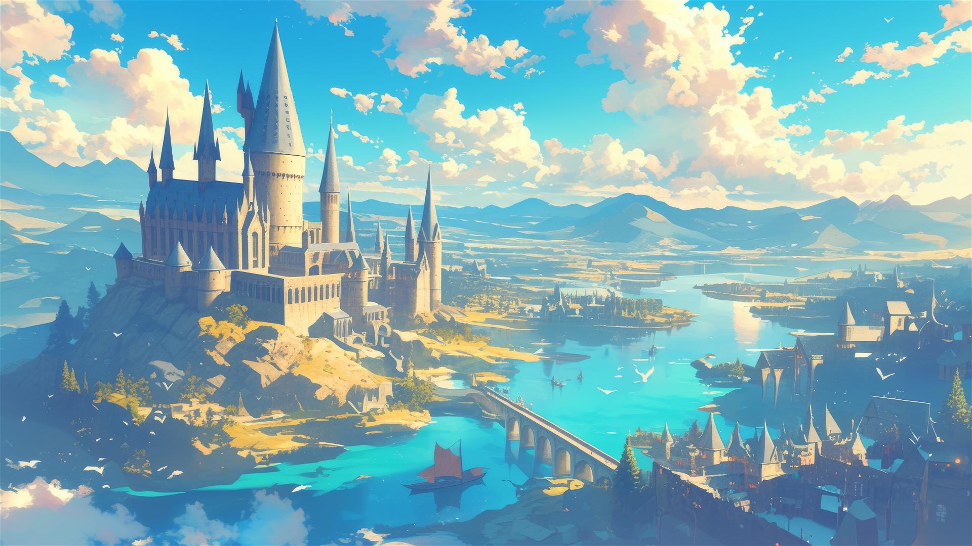 Illustration of Hogwarts from above as seen in Harry Potter