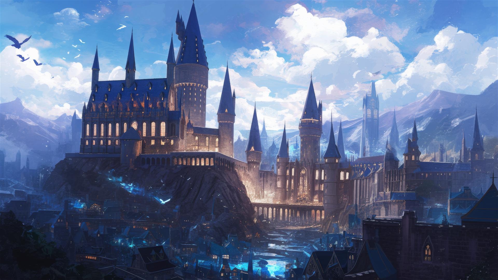 Artistic illustration of Hogwarts School of Witchcraft and Wizardry from Harry Potter