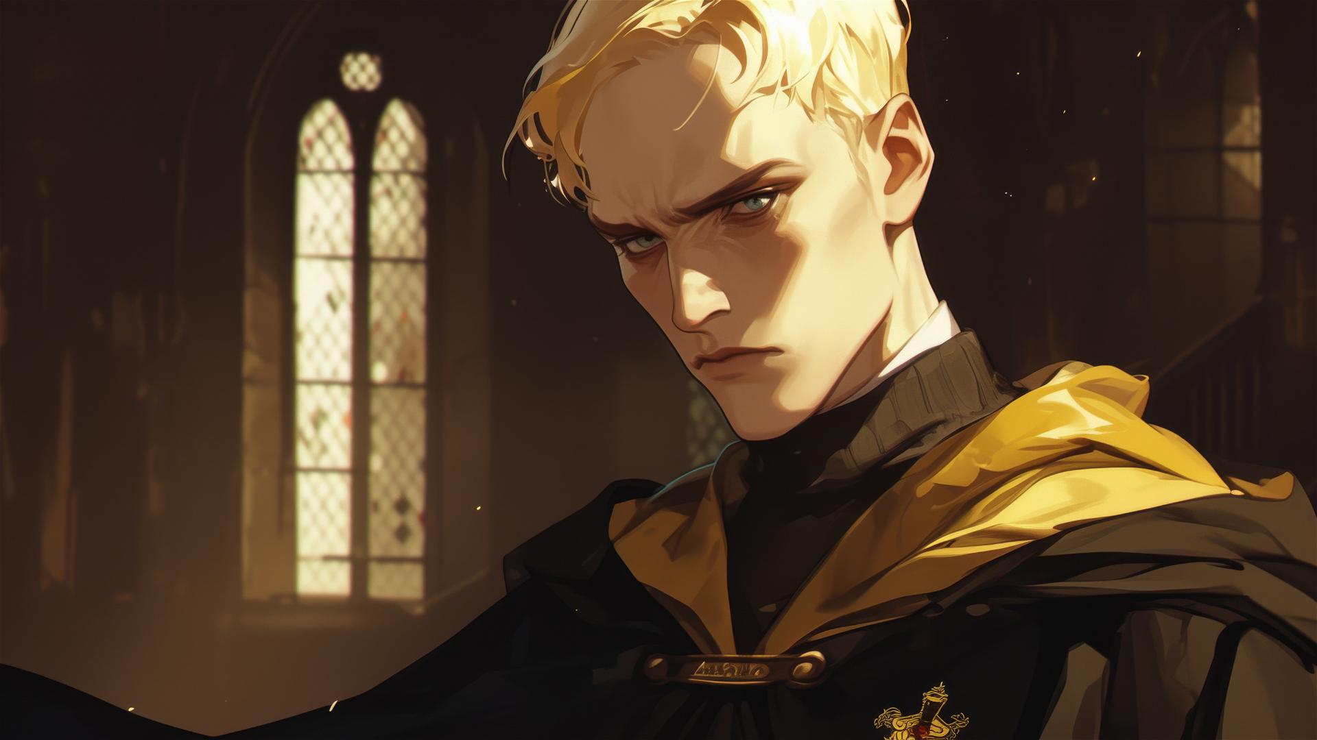 Draco Malfoy illustration with golden hair on dark background