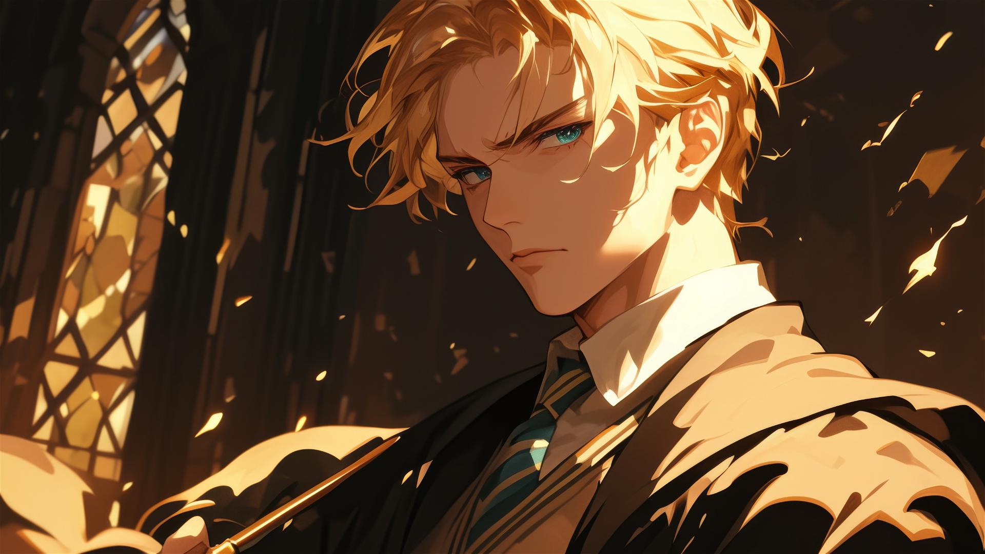 Illustration of Draco Malfoy with golden hair on dark background
