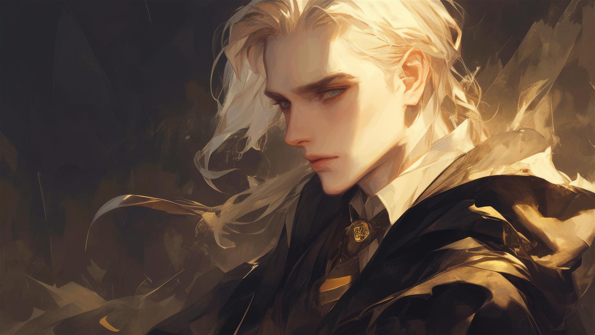 Artistic illustration of Draco Malfoy with golden hair on a dark background