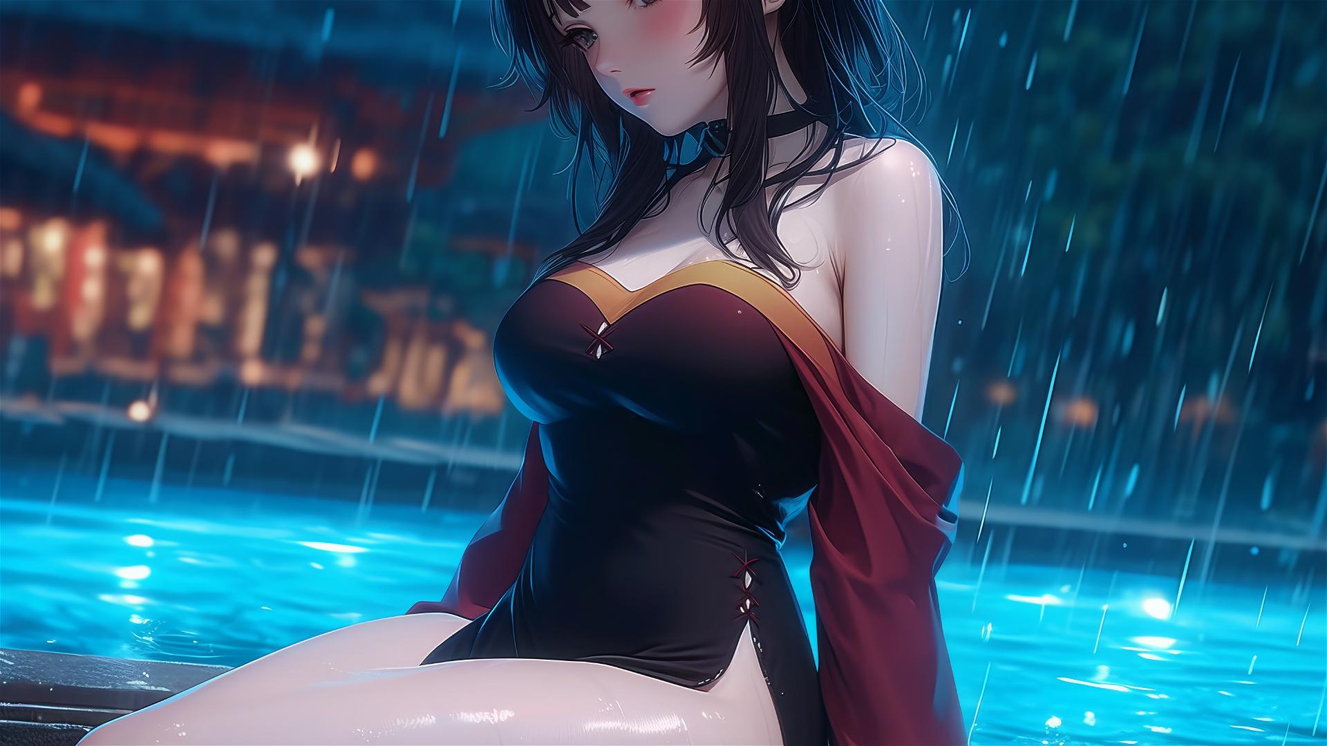 Megumin from KonoSuba by poolside under moonlight in rain