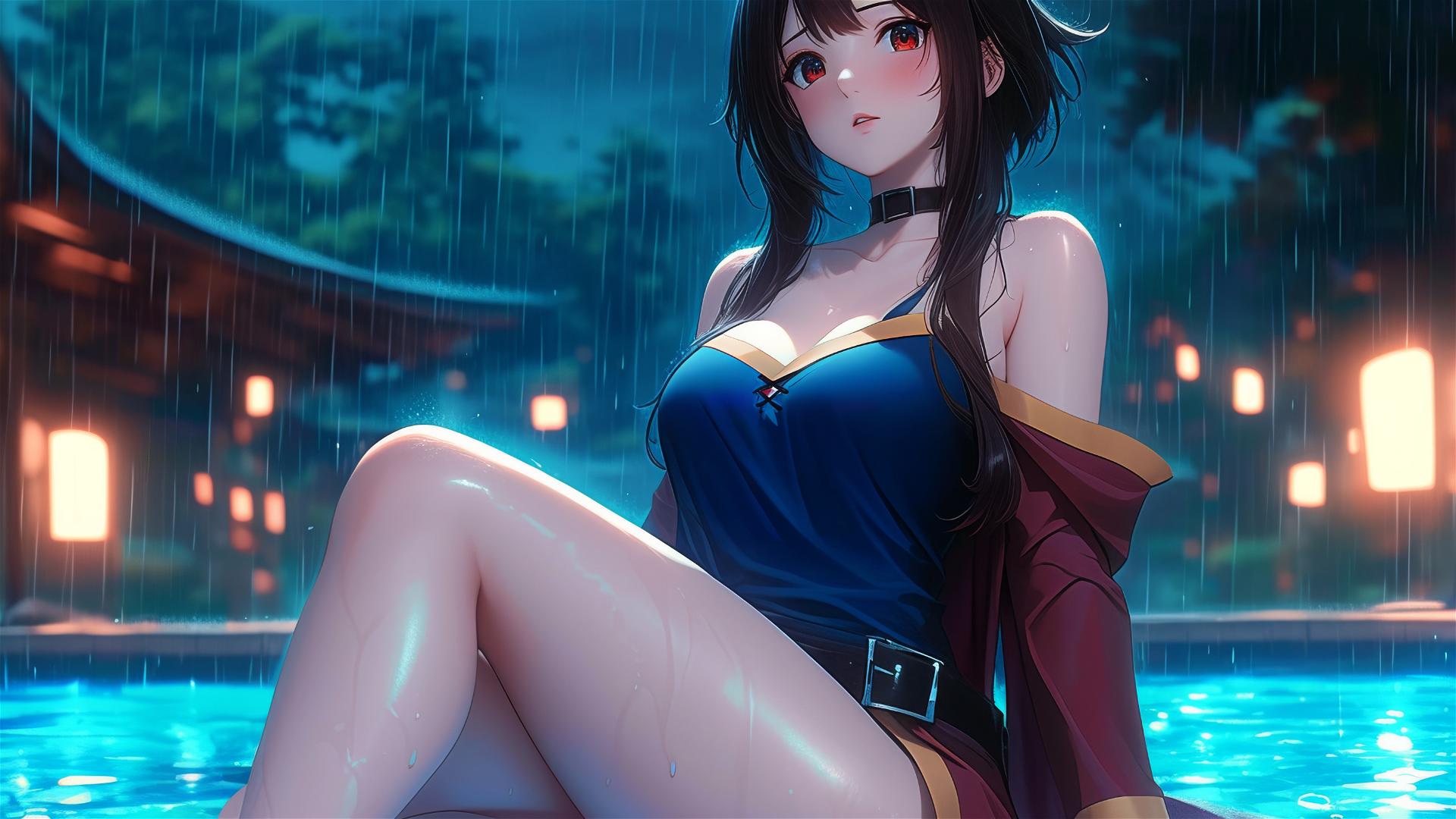 Megumin from KonoSuba resting by pool under moonlight in rain