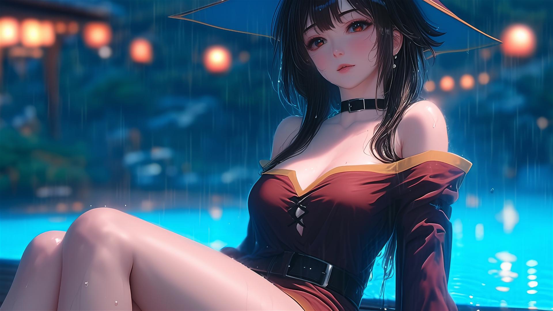 Megumin from KonoSuba resting by a pool under moonlight in the rain