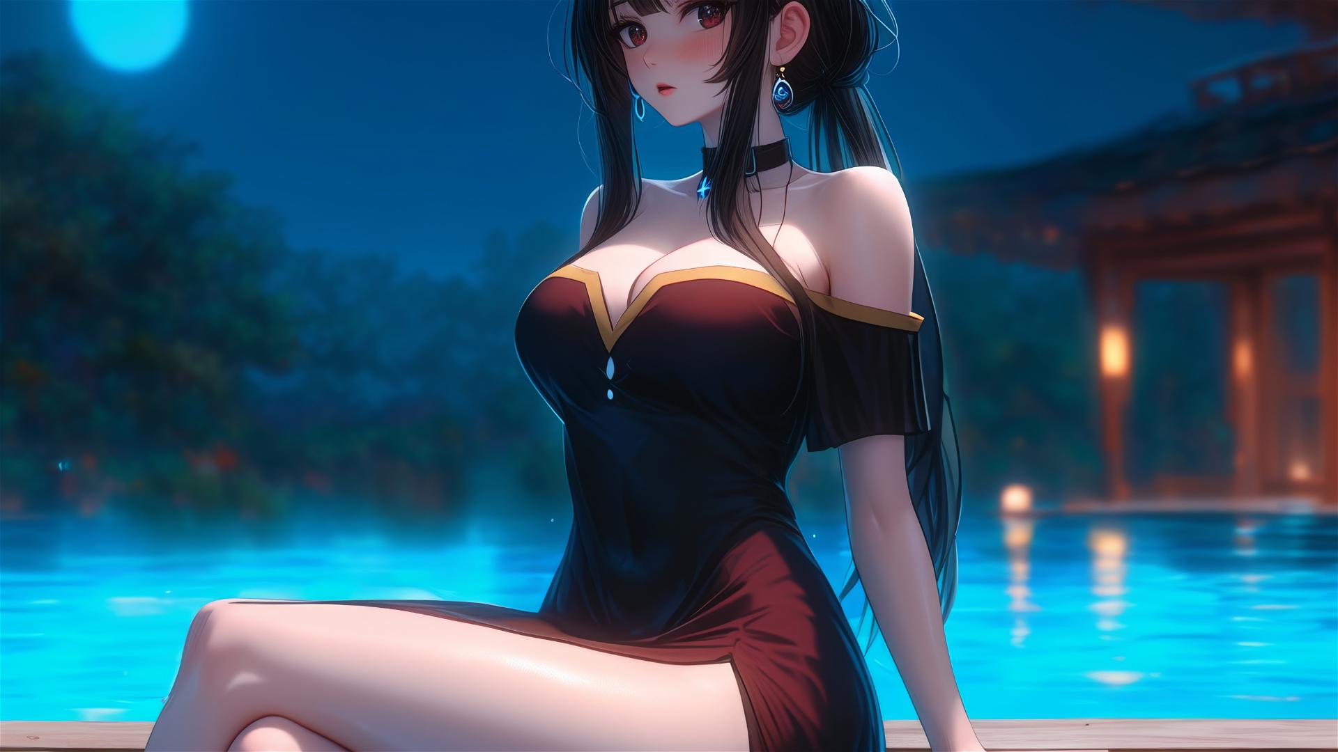 Megumin from KonoSuba resting by pool under moonlight with soft glow, rainy atmosphere