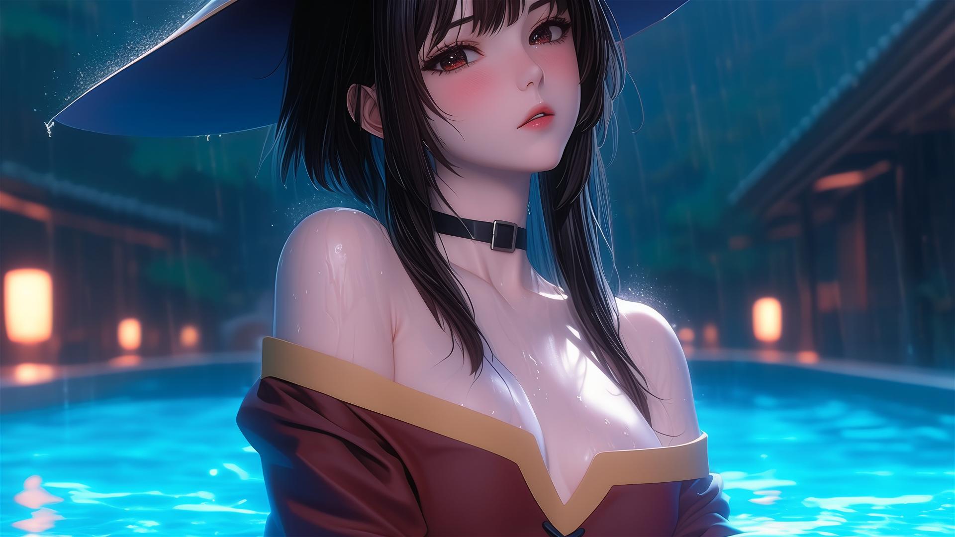 Megumin from KonoSuba resting by pool under moonlight in rain