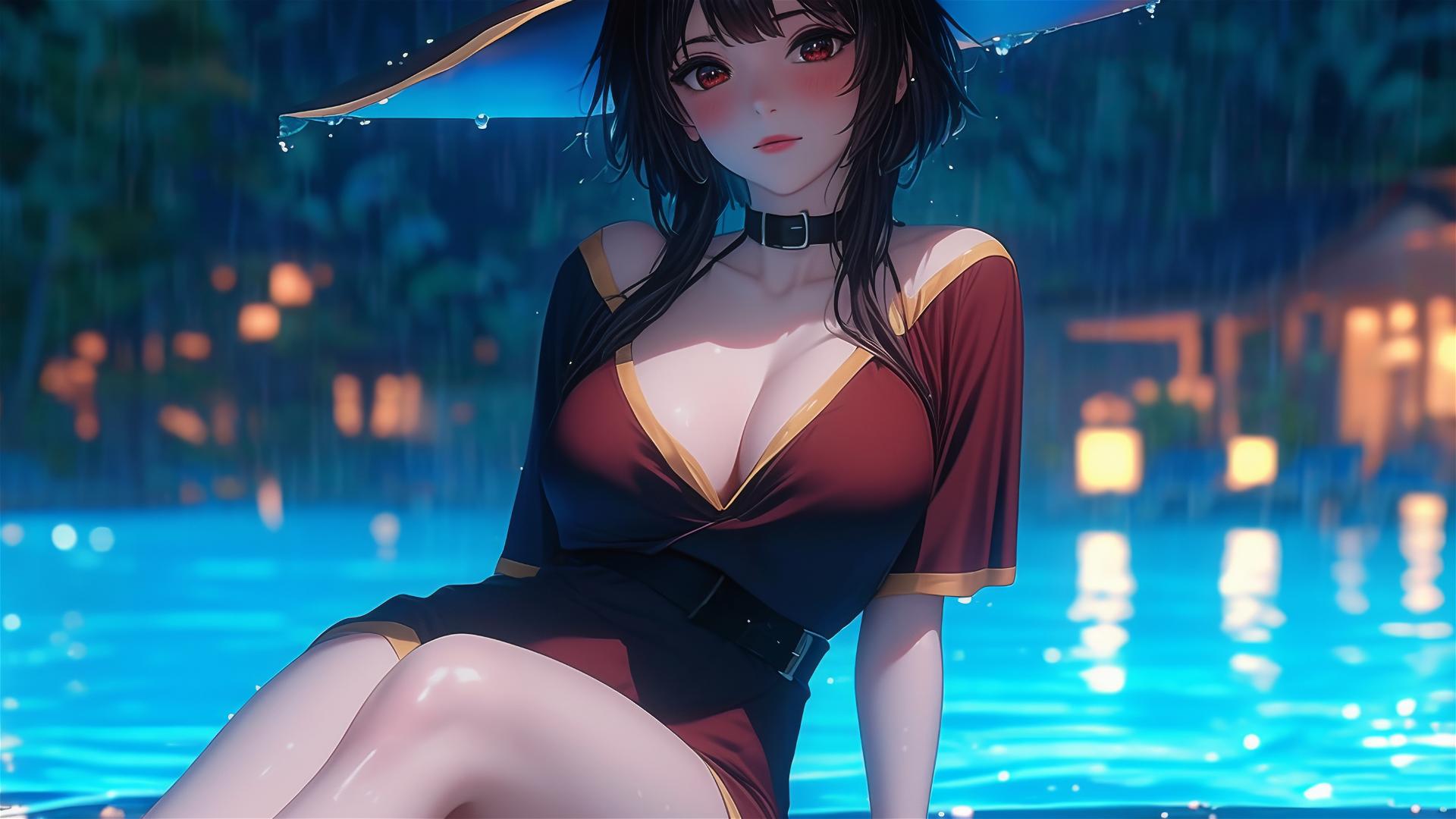 Megumin from KonoSuba resting by the pool under moonlight in the rain
