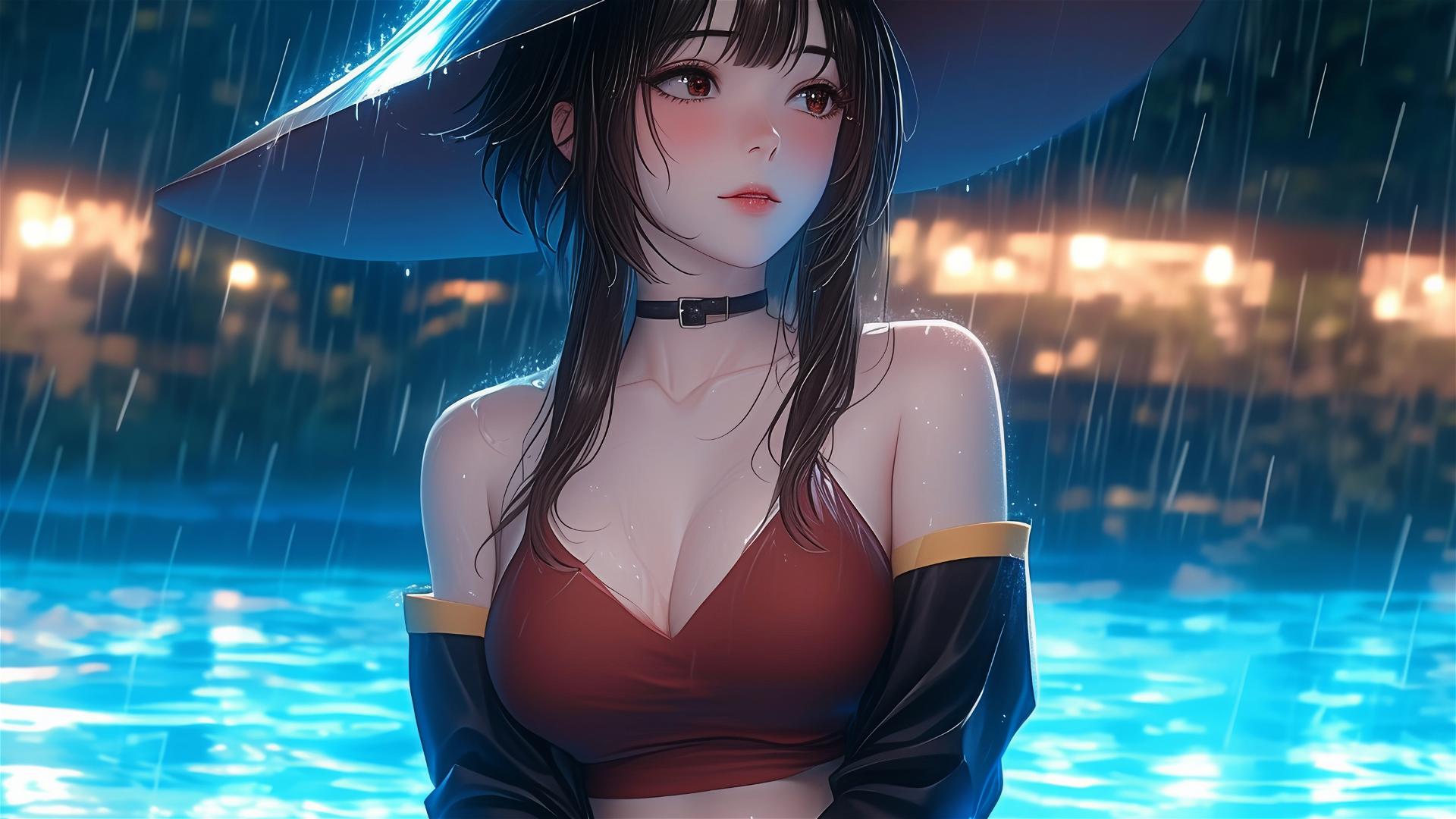 Megumin from KonoSuba standing in a pool under moonlight with rain