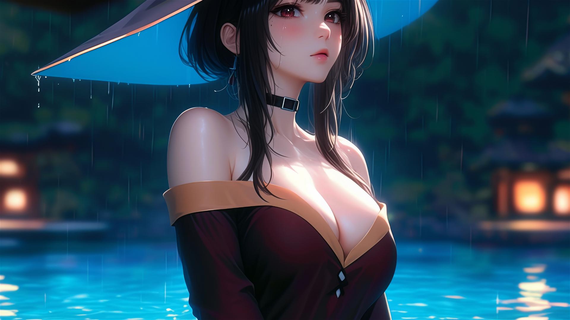 Megumin from KonoSuba standing in a pool under moonlight with rain falling