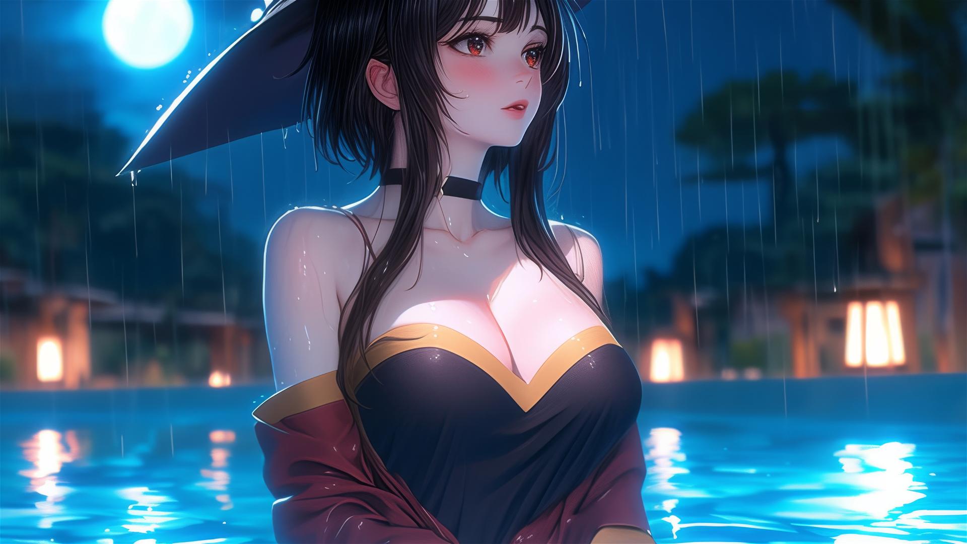Megumin from KonoSuba in pool under moonlight with rain