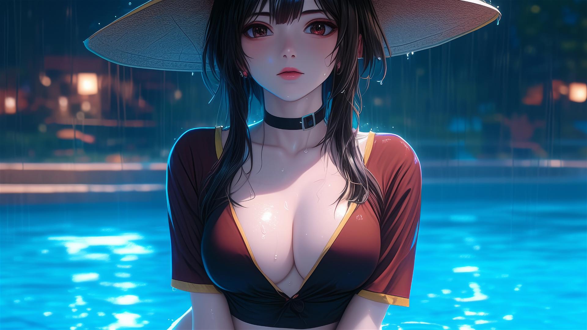 Megumin from KonoSuba in pool under moonlight, rain falling softly