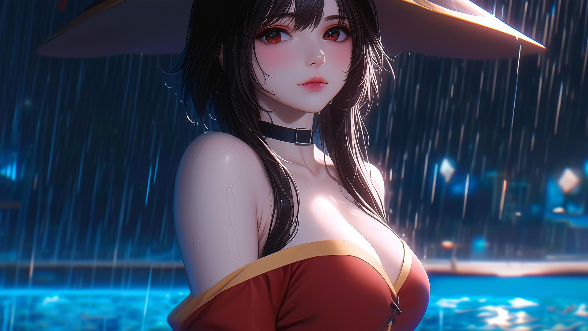 Megumin from KonoSuba standing in a pool under moonlight in the rain