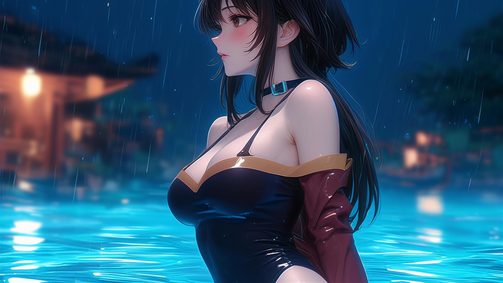 Megumin from KonoSuba standing in a pool under moonlight with rain