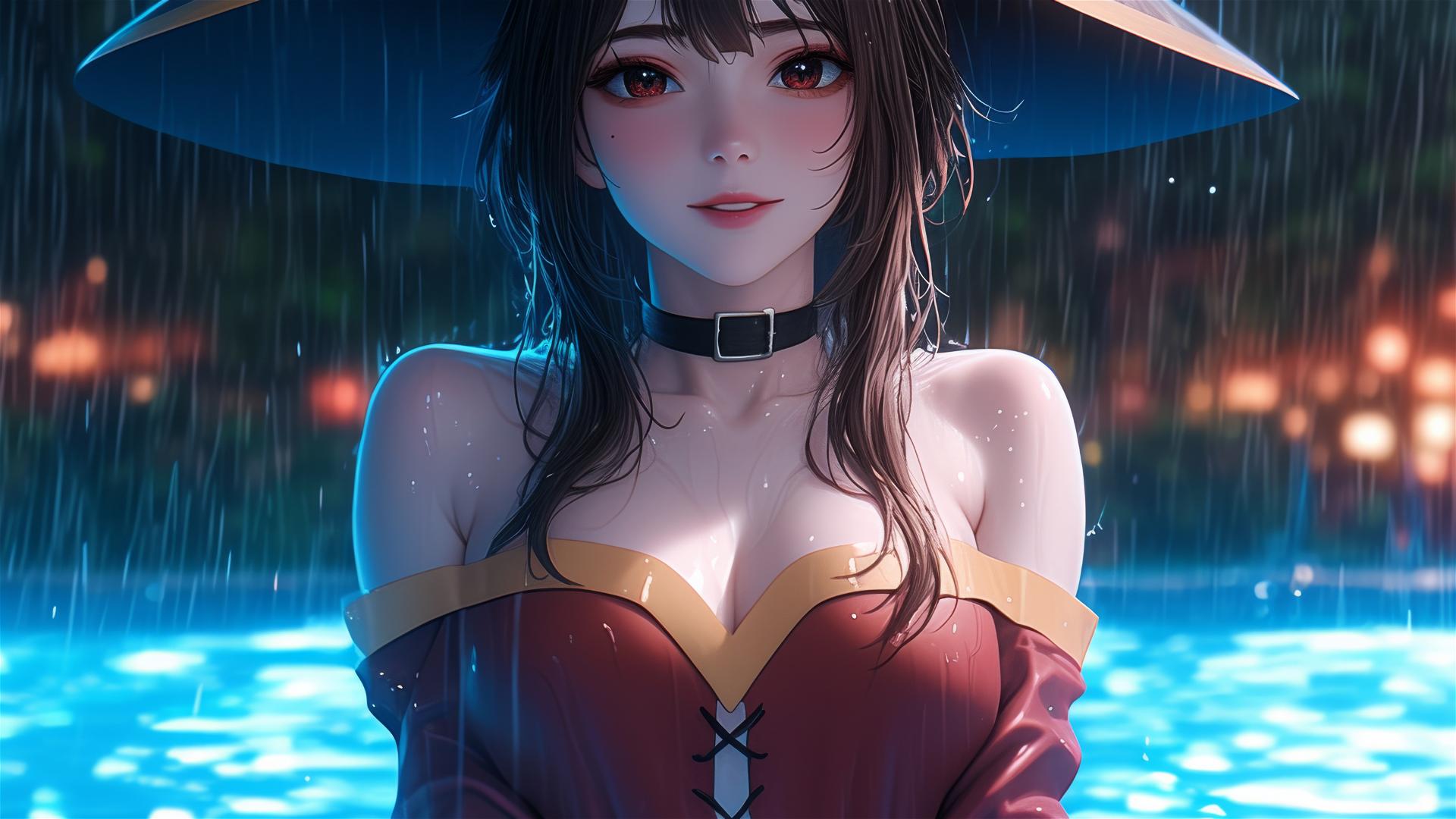 Megumin KonoSuba in pool under moonlight, rainy atmosphere