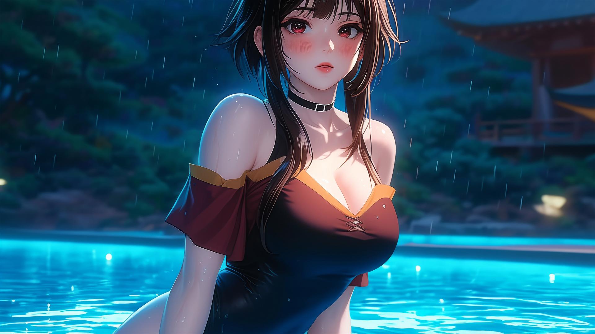 Megumin from KonoSuba in pool under moonlight in rain