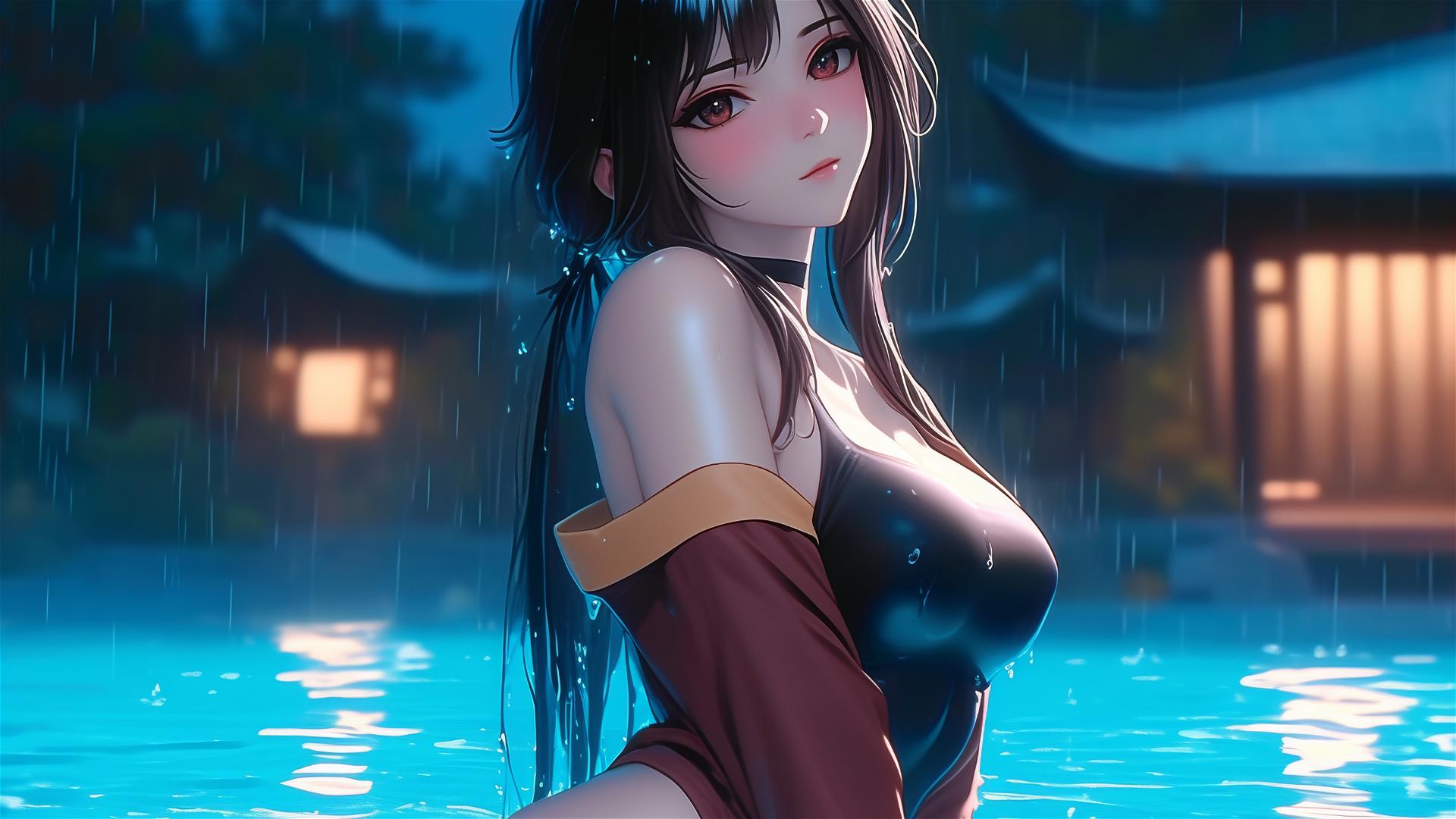 Megumin from KonoSuba in a pool with moonlight and rain
