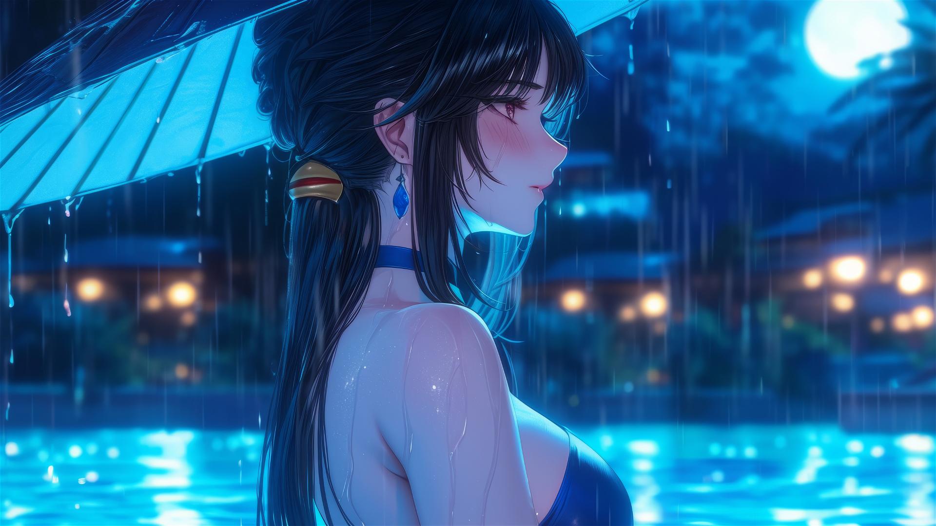 Megumin from KonoSuba in a pool with moonlight and rain
