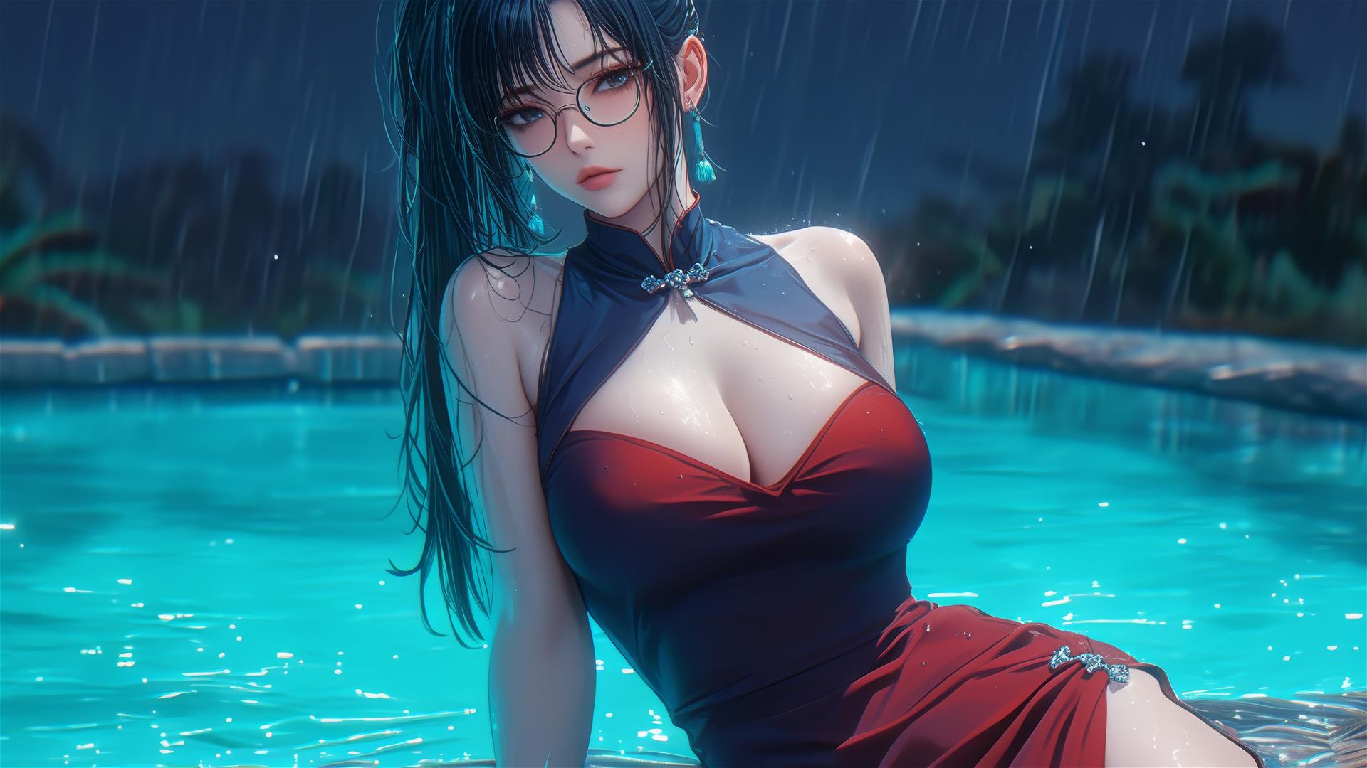 Maki Zenin from Jujutsu Kaisen resting by pool under moonlight, rainy ambiance