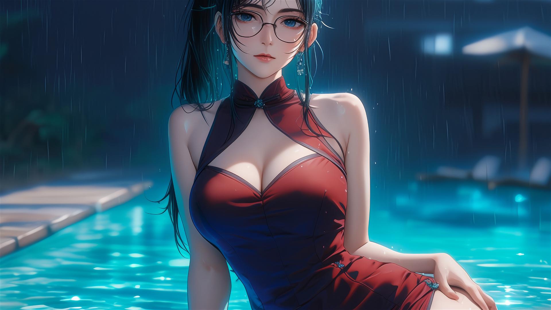 Maki Zenin by the pool under moonlight, red dress, rainy night