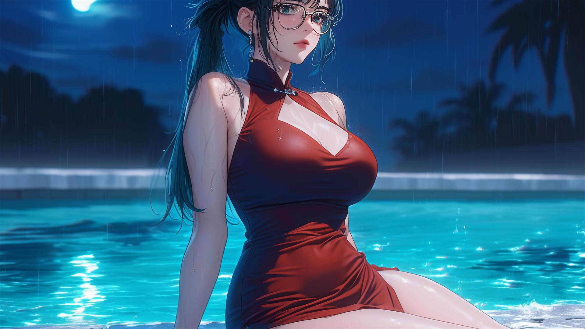 Maki Zenin from Jujutsu Kaisen relaxing poolside under moonlight with a red dress