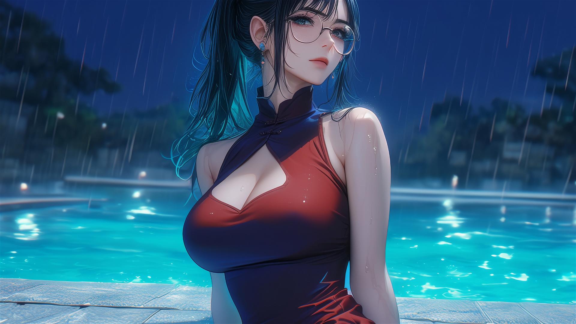 Maki Zenin from Jujutsu Kaisen resting by pool in moonlight, rainy, with glasses and red dress