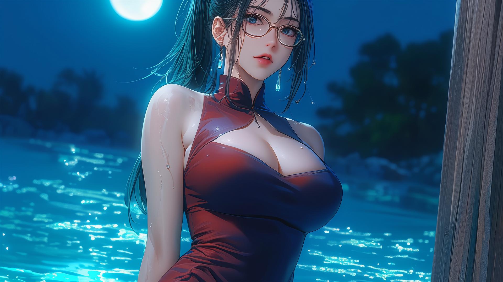 Maki Zenin from Jujutsu Kaisen resting by pool under moonlight