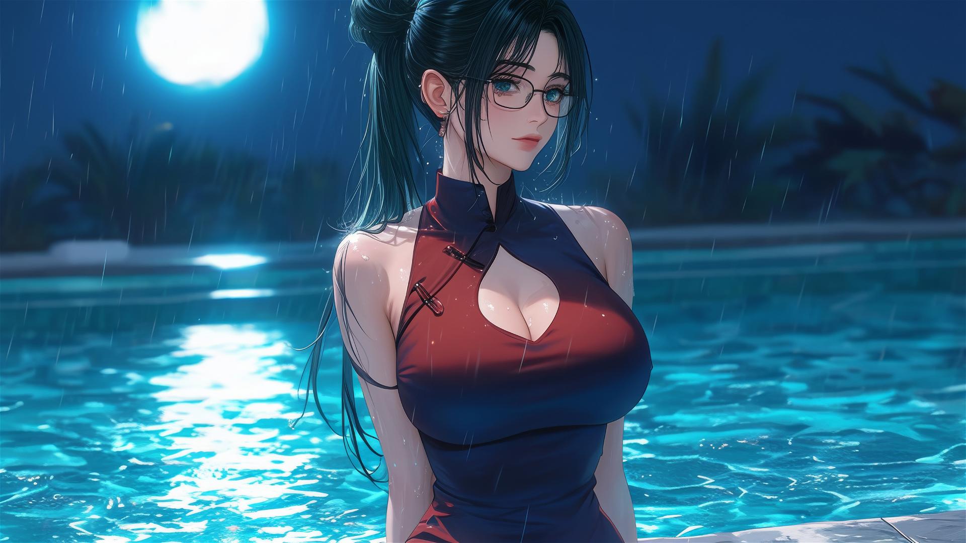Maki Zenin from Jujutsu Kaisen resting by pool under moonlight in the rain, wearing a red dress and eye glasses.