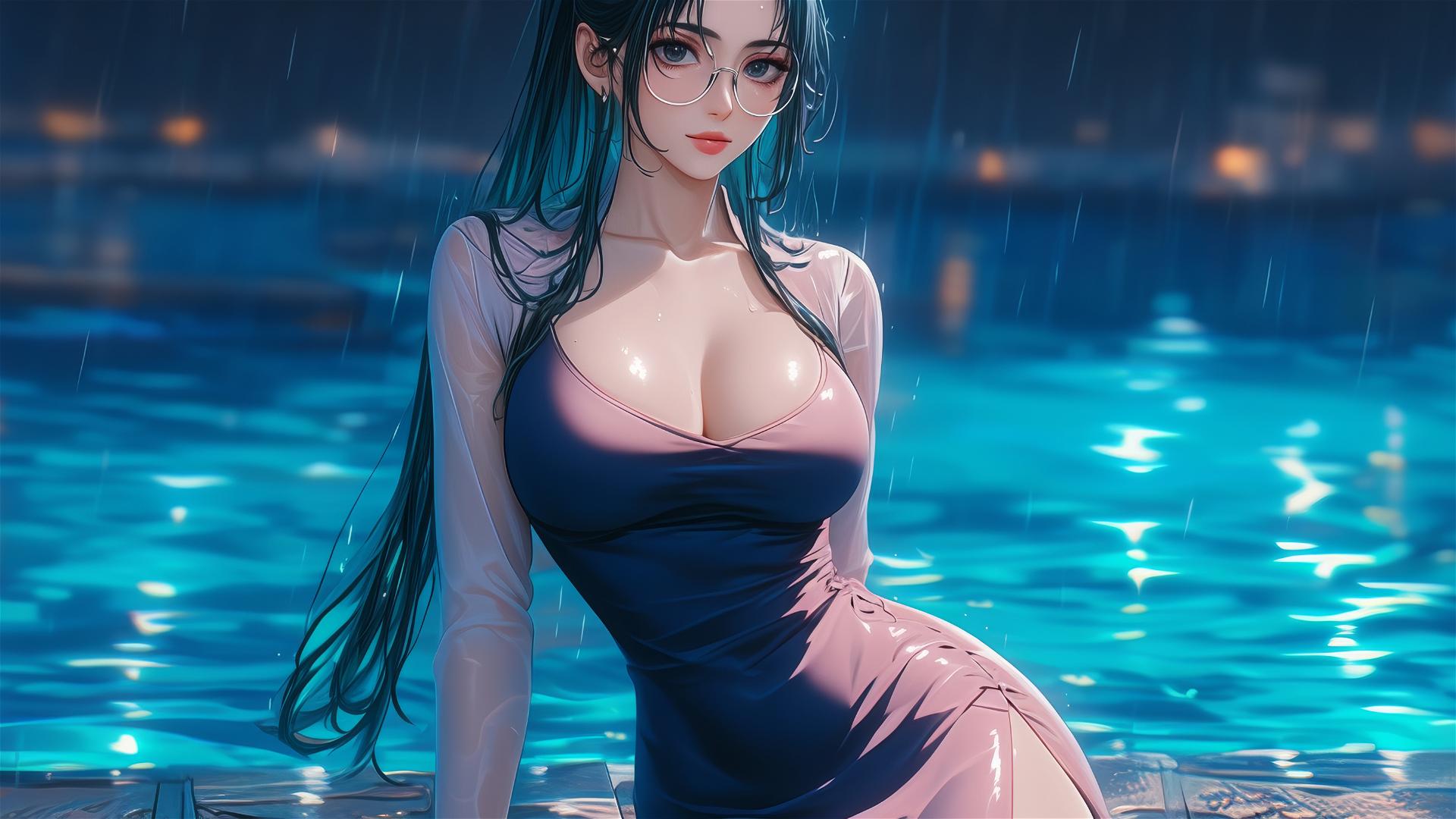 Maki Zenin resting by pool under moonlight in rain, wearing glasses and pink dress