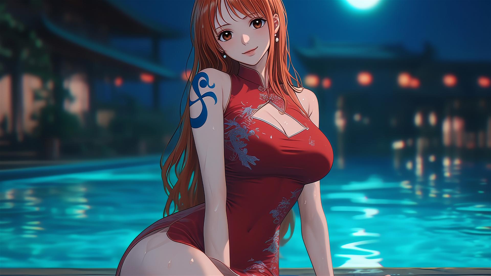 Nami from One Piece resting by pool under moonlight in the rain, orange hair, brown eyes, red dress