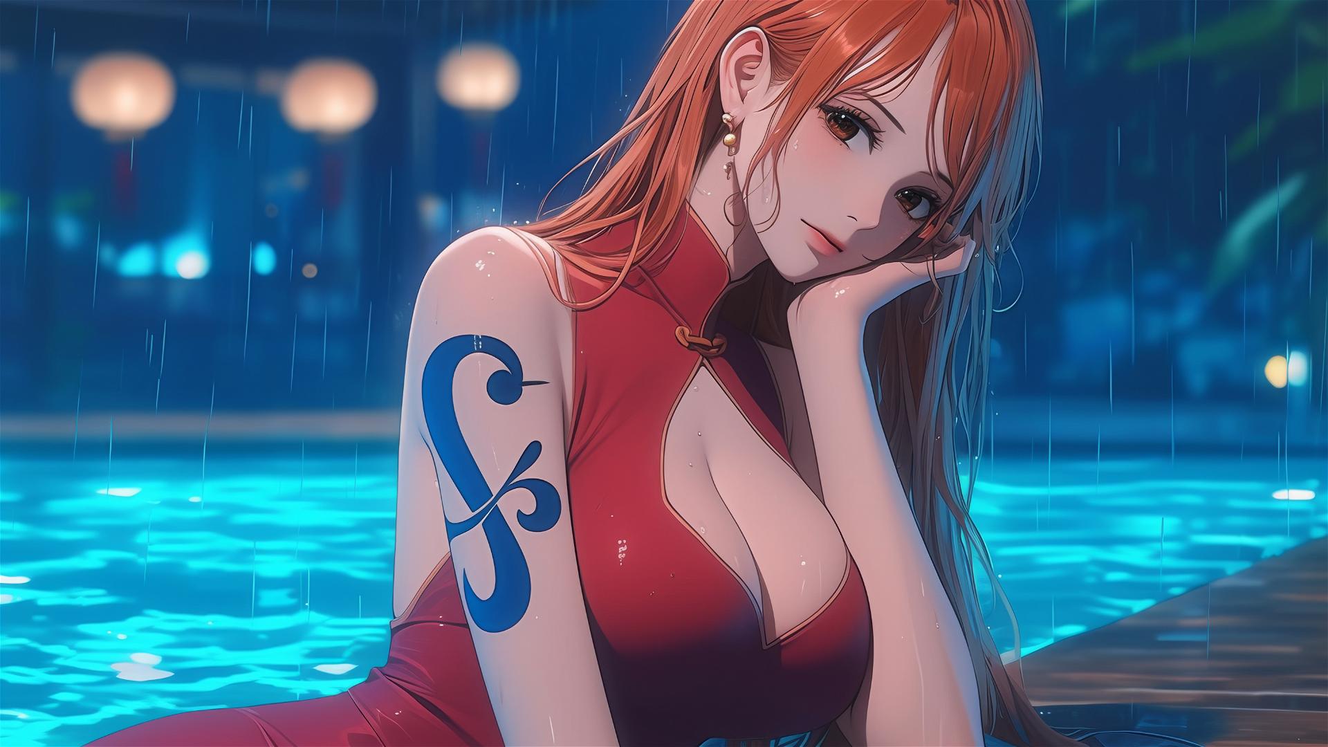 Nami from One Piece resting by pool in moonlight, red dress, rainy setting