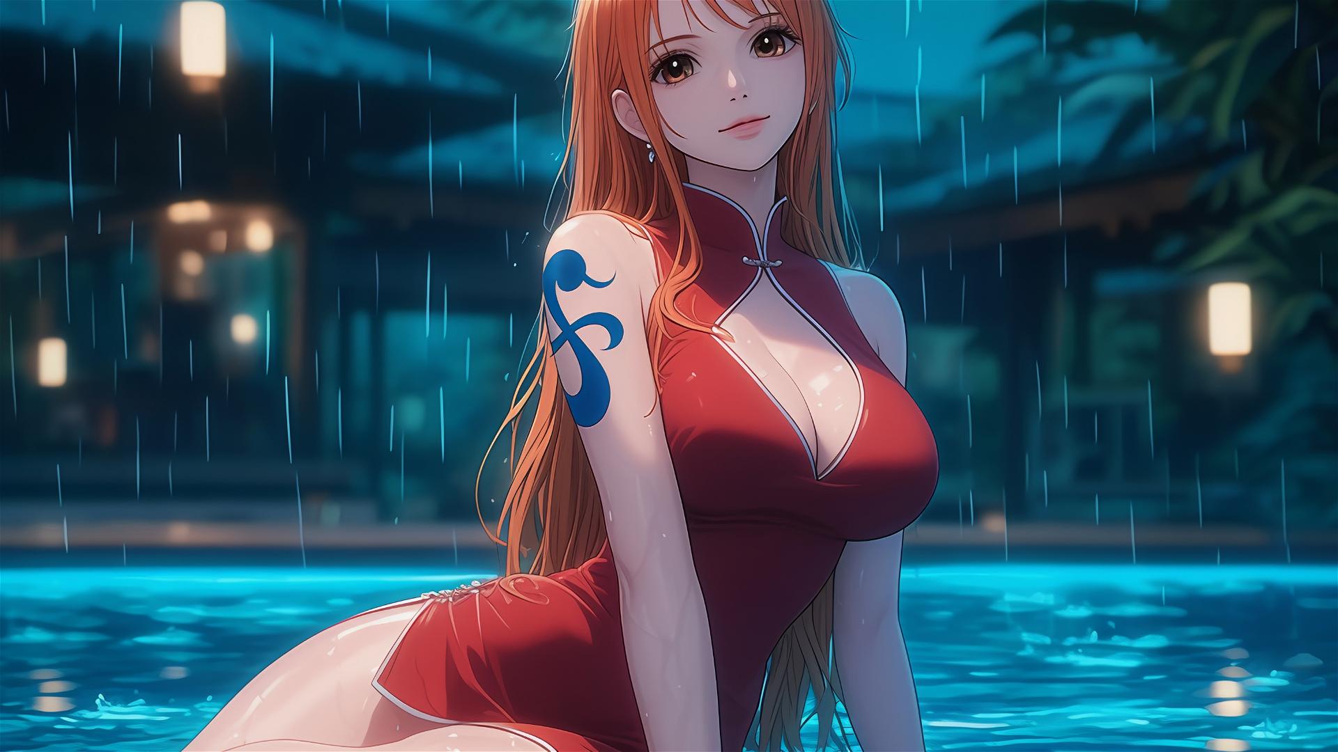 Nami from One Piece by the pool with moonlight and rain