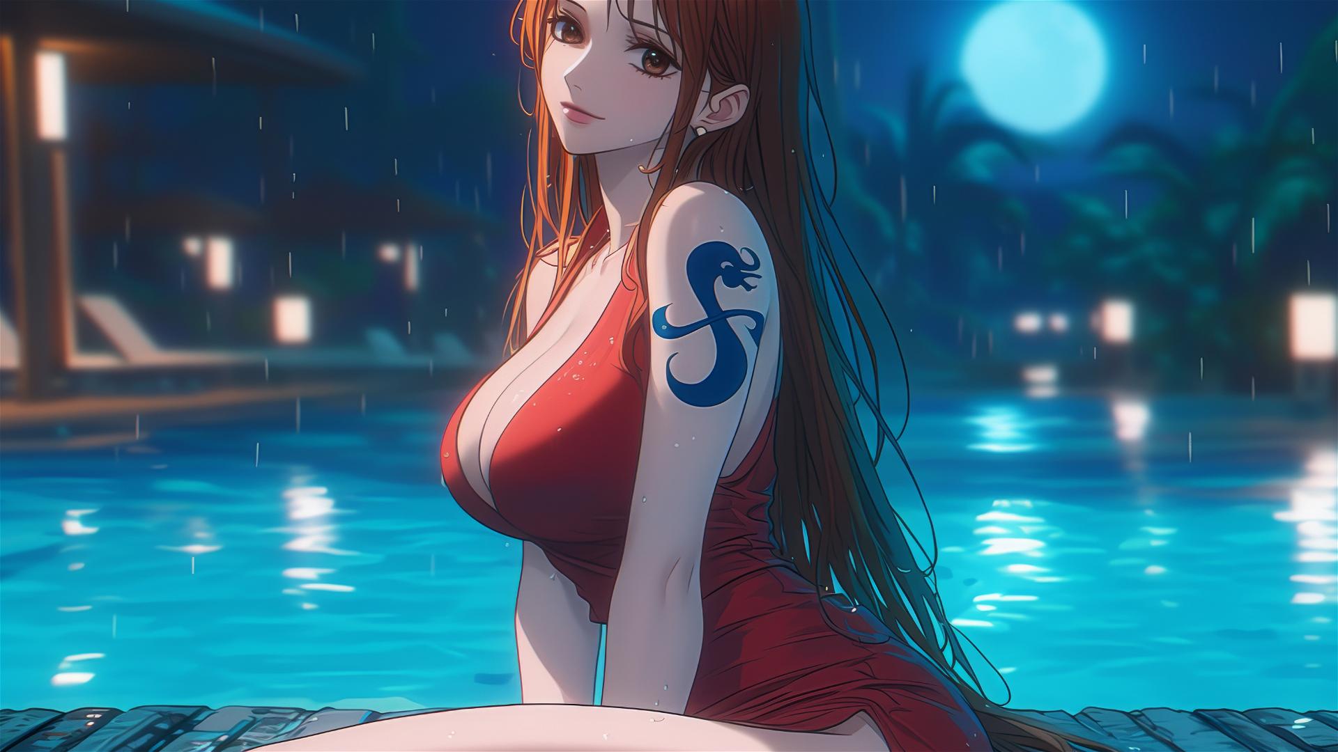 Nami from One Piece resting by a pool under moonlight in the rain