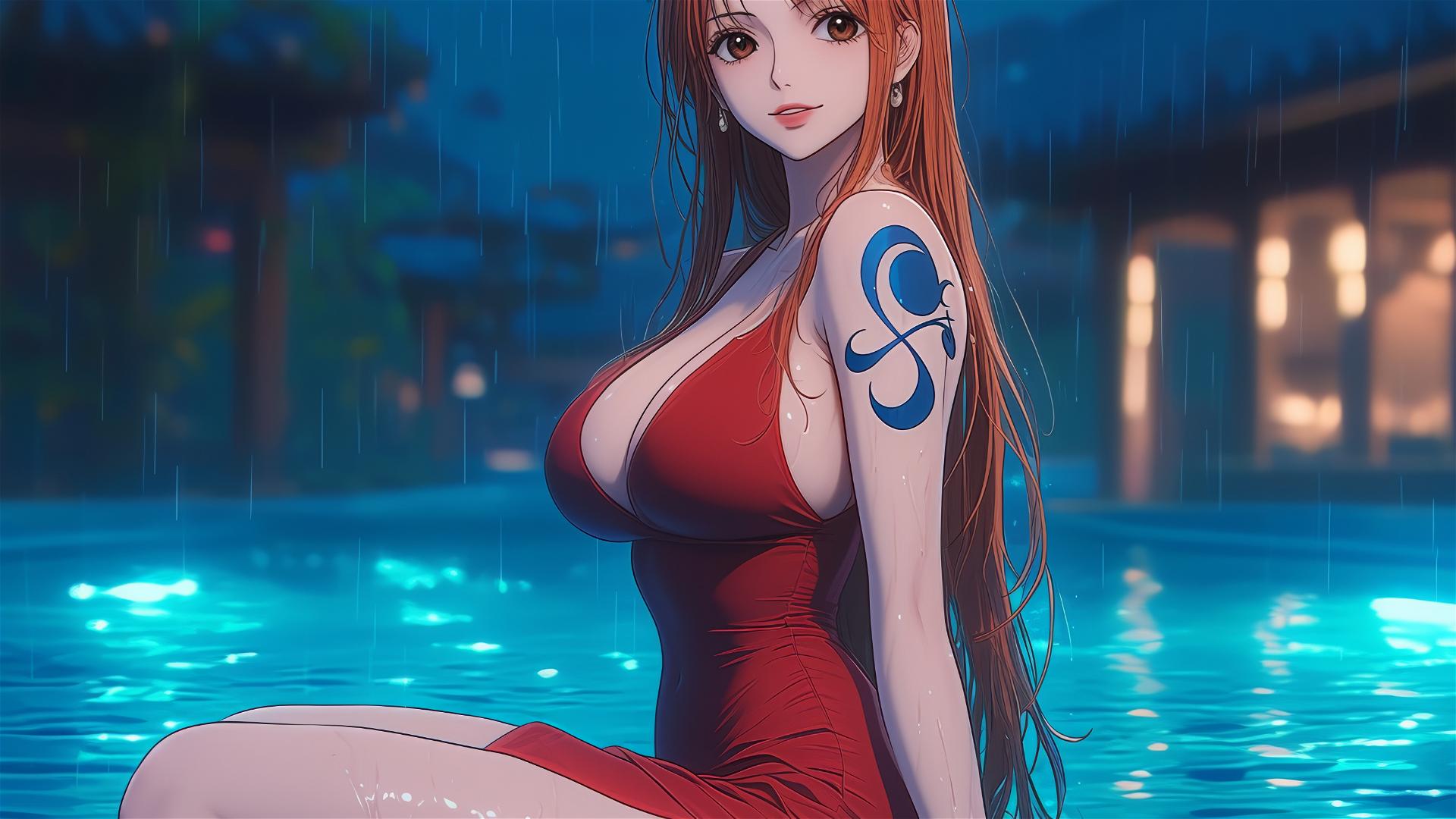 Nami from One Piece by the pool in moonlight with rain, orange hair and red dress