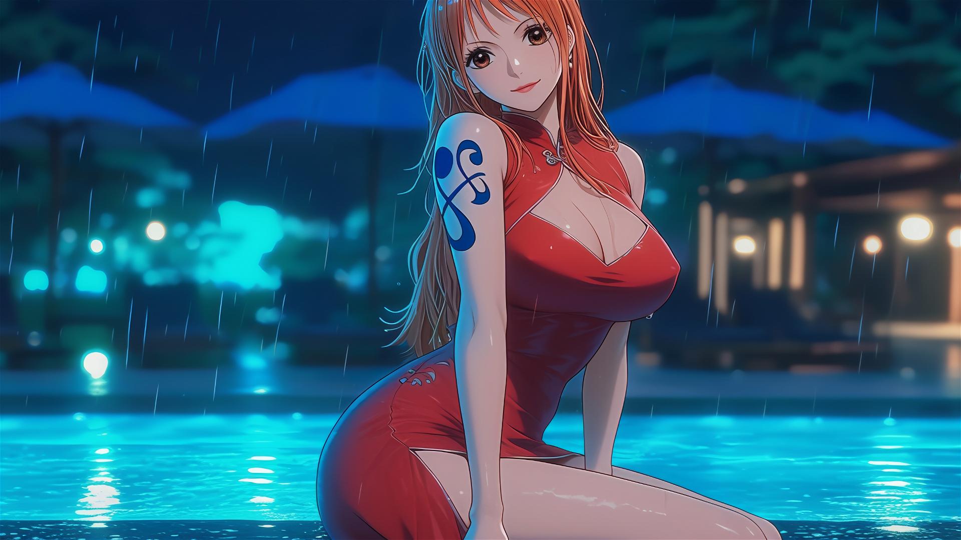 Nami from One Piece by the pool in moonlight with rain, wearing a red dress