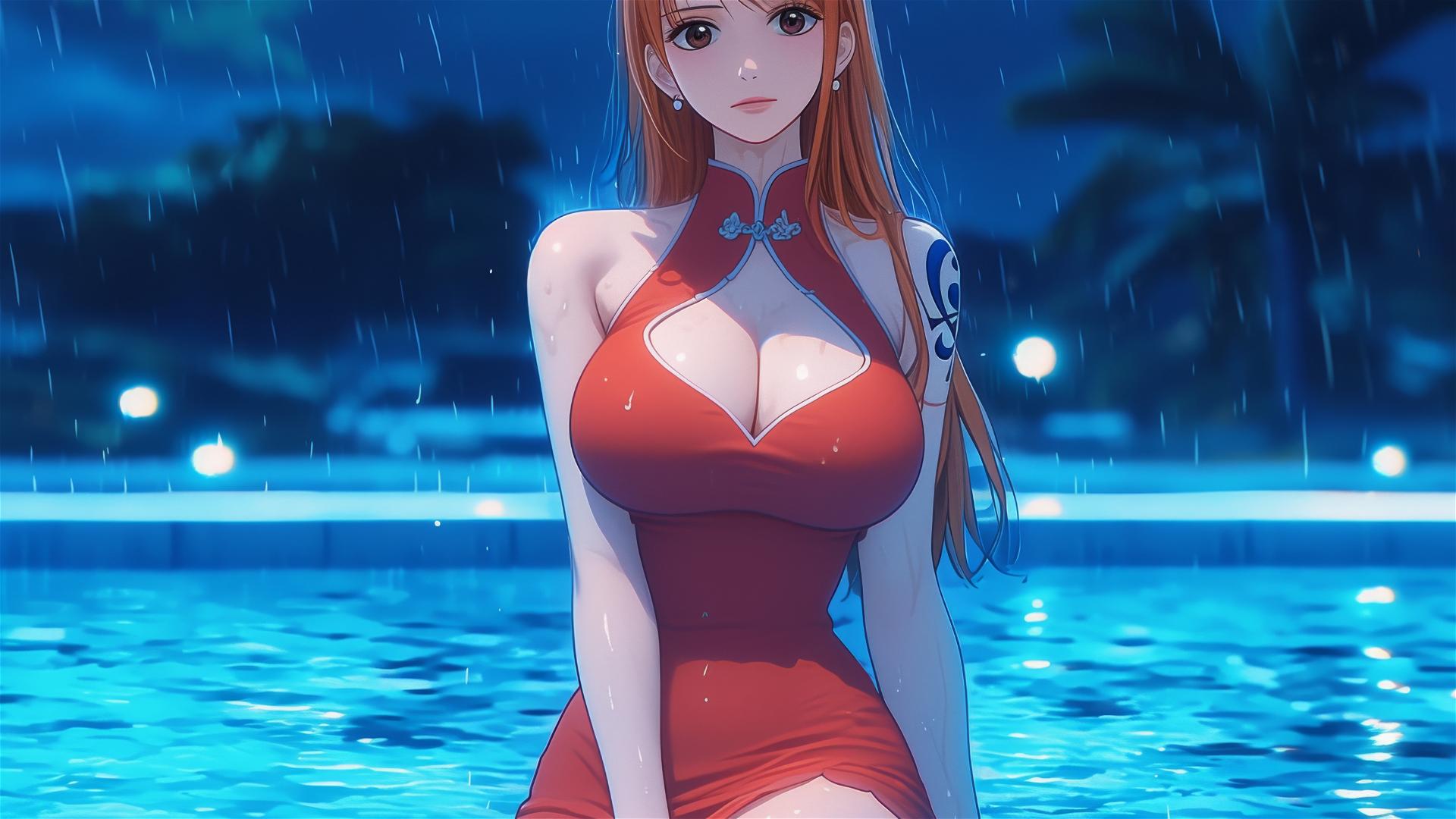 Nami from One Piece resting by the pool in moonlight, rainy scene