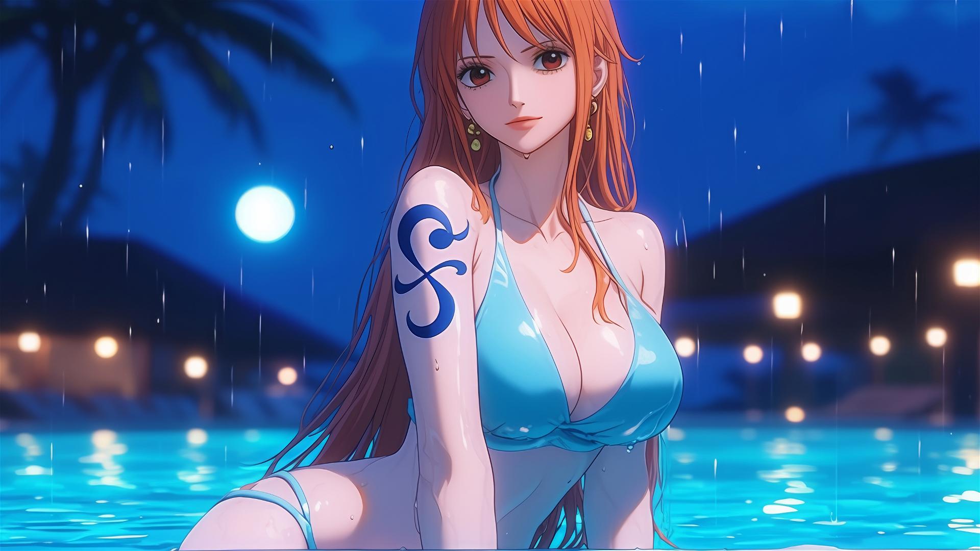 Nami from One Piece resting by pool with moonlight and rain, orange hair, light brown eyes