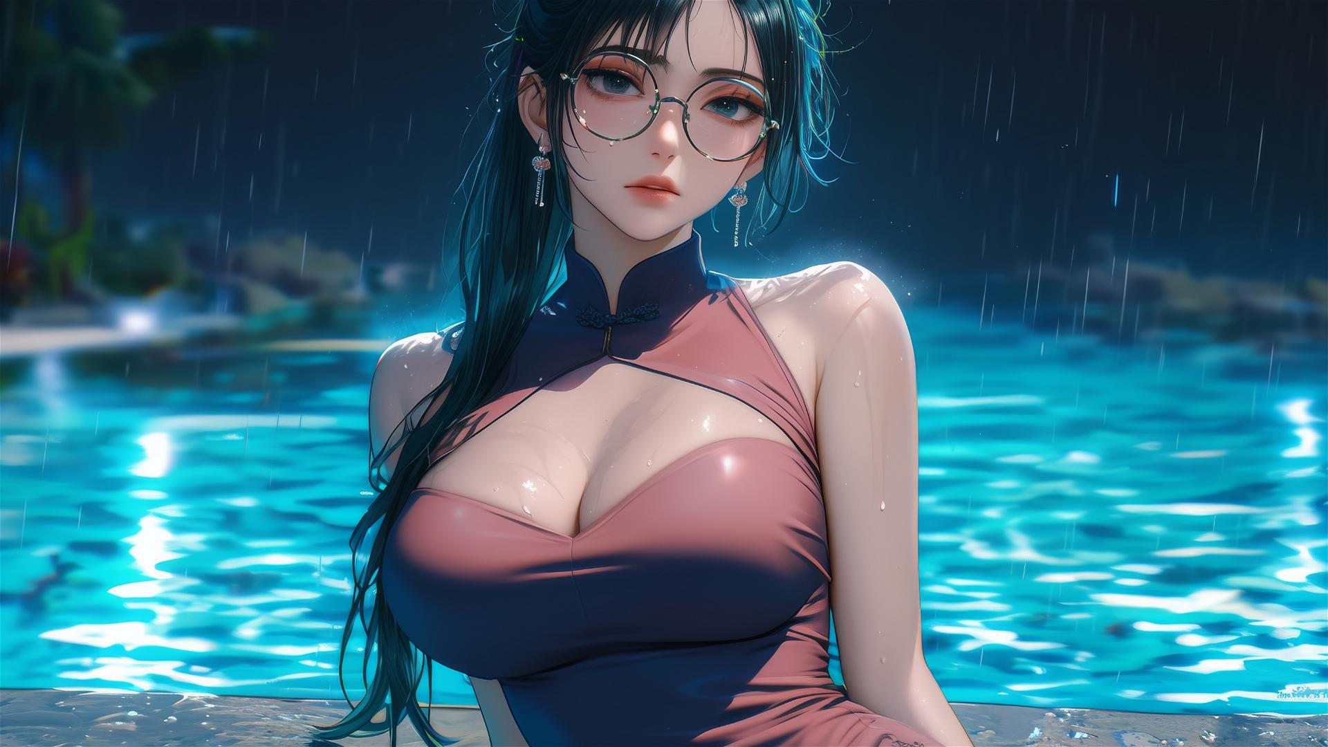 Maki Zenin from Jujutsu Kaisen resting by a pool in moonlight, rain, with glasses and pink dress