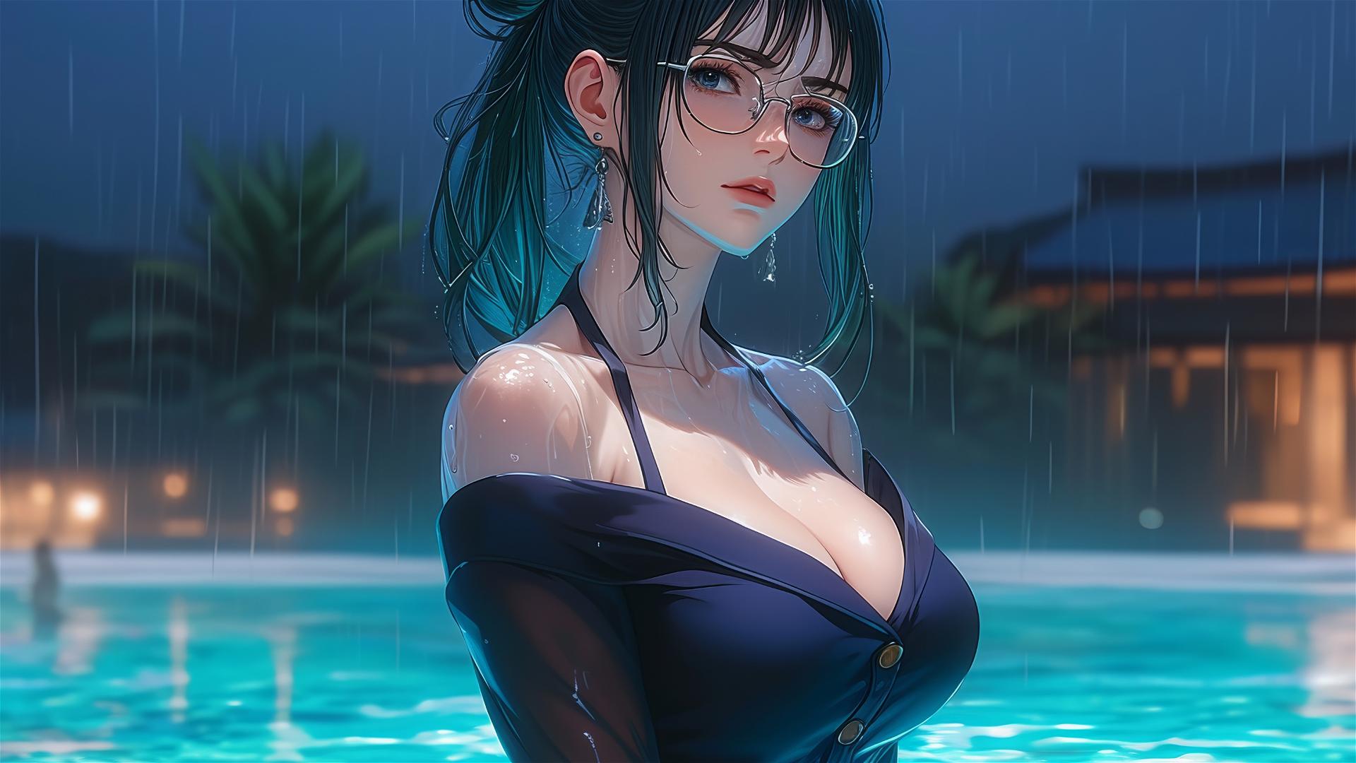 Maki Zenin from Jujutsu Kaisen resting by pool with moonlight and rain, wearing glasses