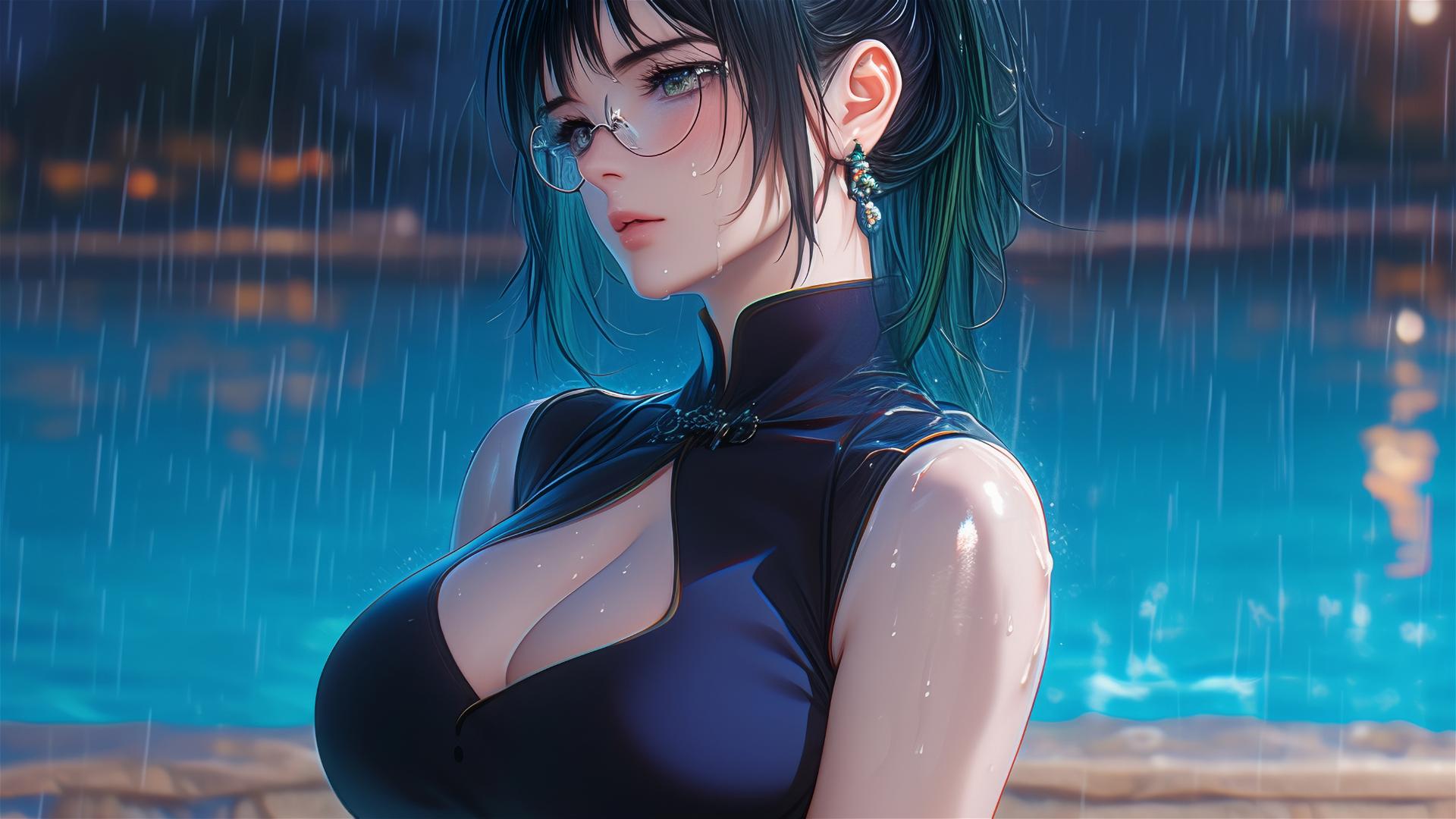 Maki Zenin resting by a pool, moonlight glow, rainy, with glasses
