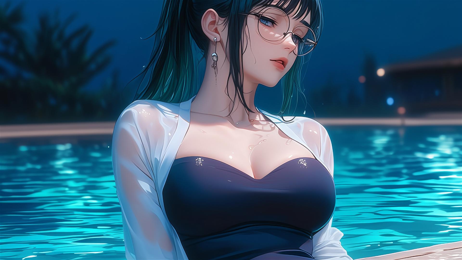 Maki Zenin from Jujutsu Kaisen relaxing by the pool in moonlight and rain, with glasses on.