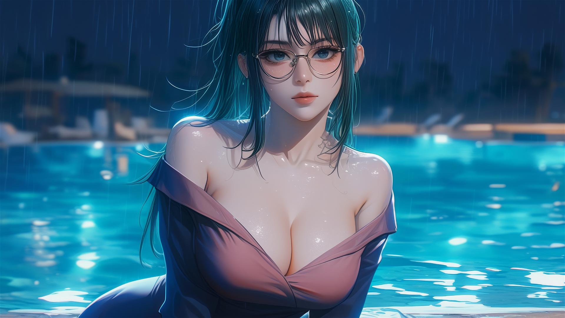 Maki Zenin from Jujutsu Kaisen resting by the pool under moonlight, wearing glasses, dressed in pink, rainy atmosphere.