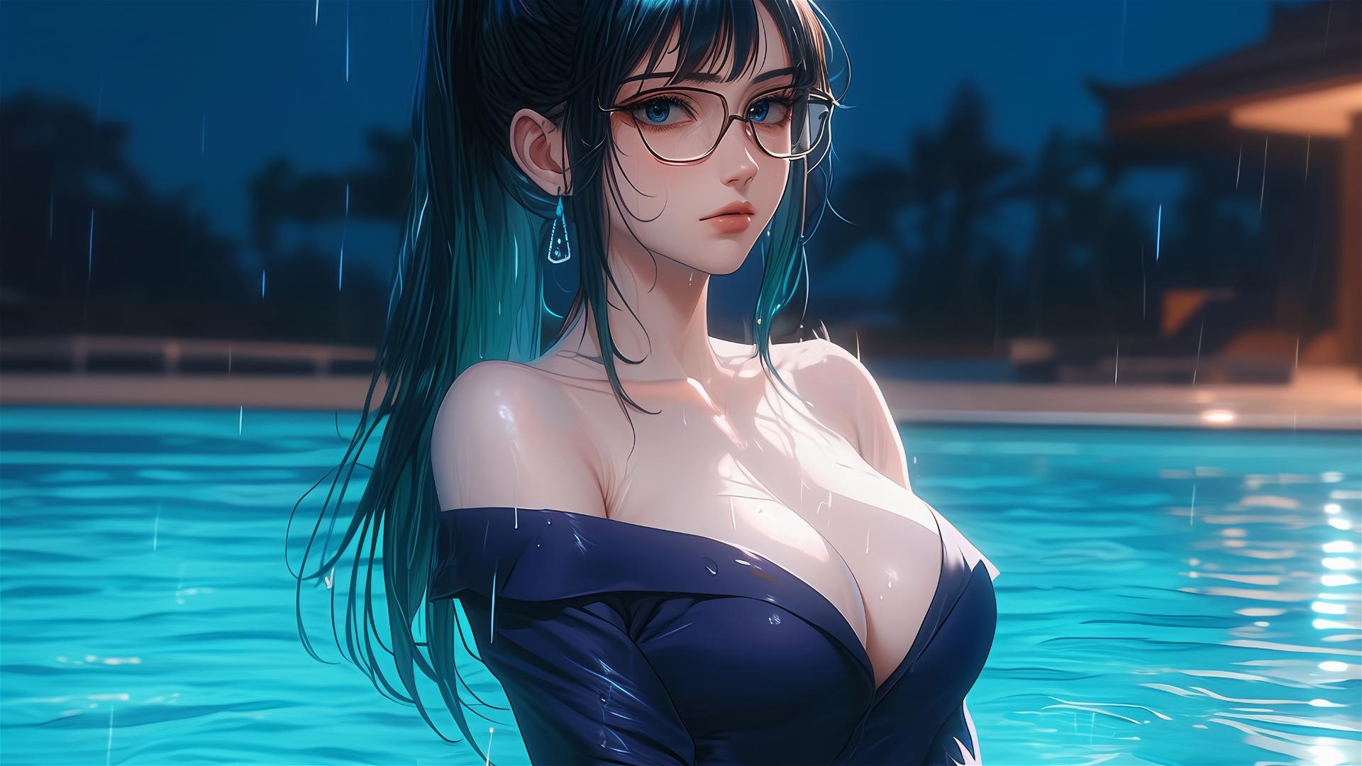 Maki Zenin from Jujutsu Kaisen resting by the pool under moonlight, rain, with glasses, in pink