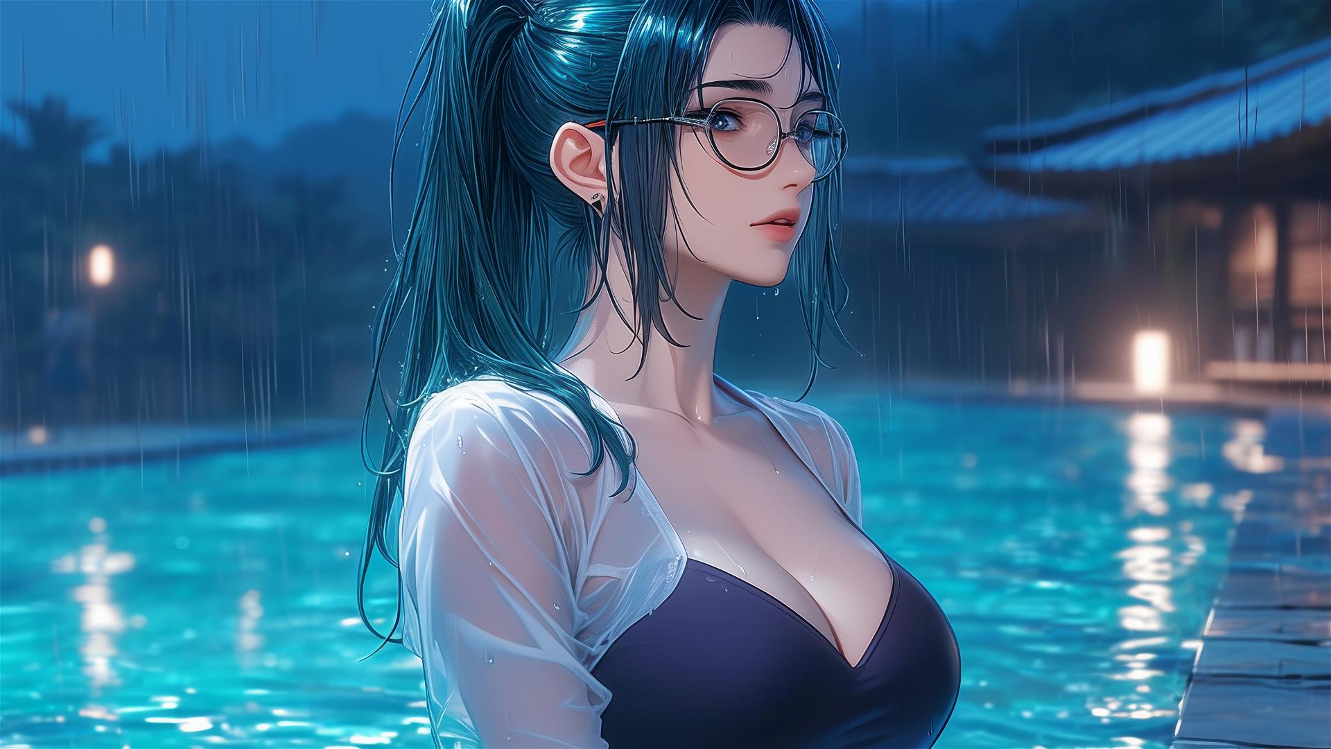 Maki Zenin from Jujutsu Kaisen resting by a pool under moonlight, dressed in pink with glasses, rainy ambiance.
