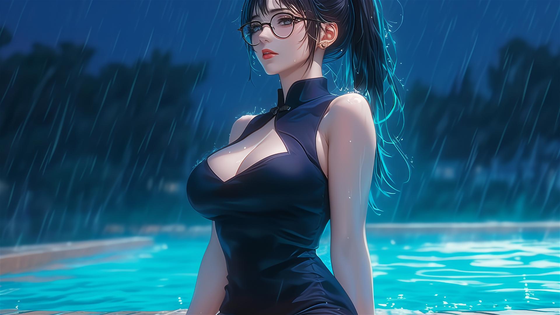 Maki Zenin from Jujutsu Kaisen resting by pool under moonlight on a rainy night, wearing glasses