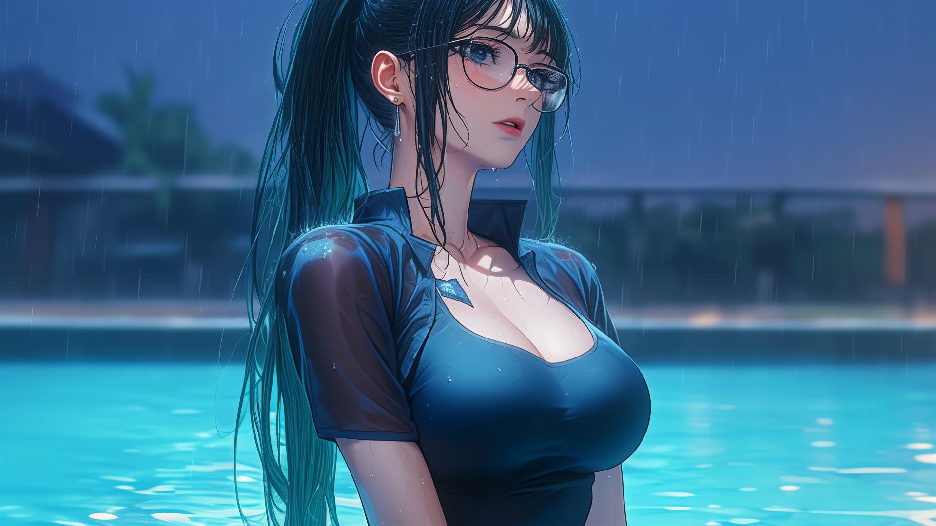 Maki Zenin from Jujutsu Kaisen resting by pool under moonlight in rain, wearing glasses