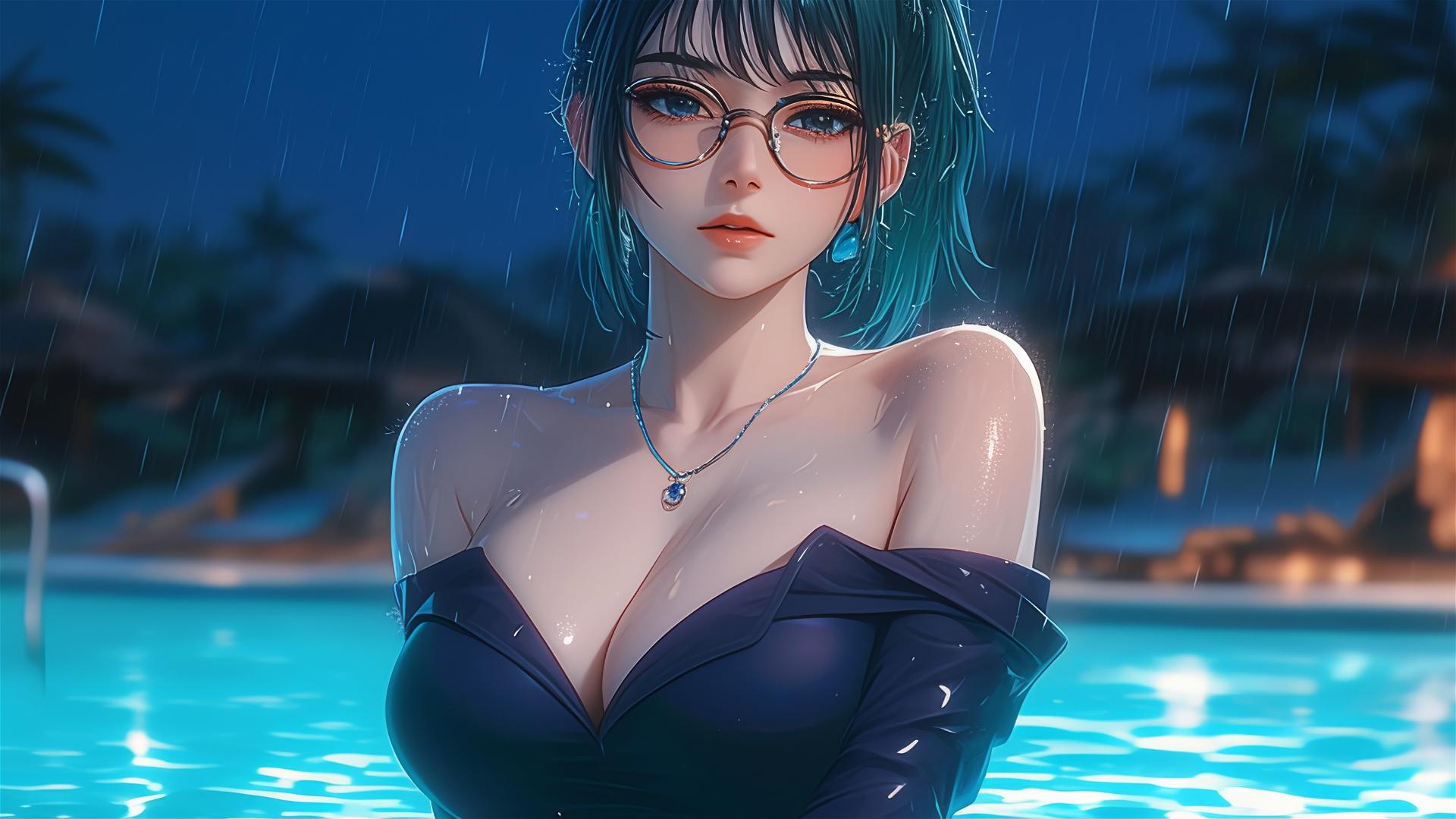 Maki Zenin from Jujutsu Kaisen resting by pool with moonlight and rain, wearing glasses
