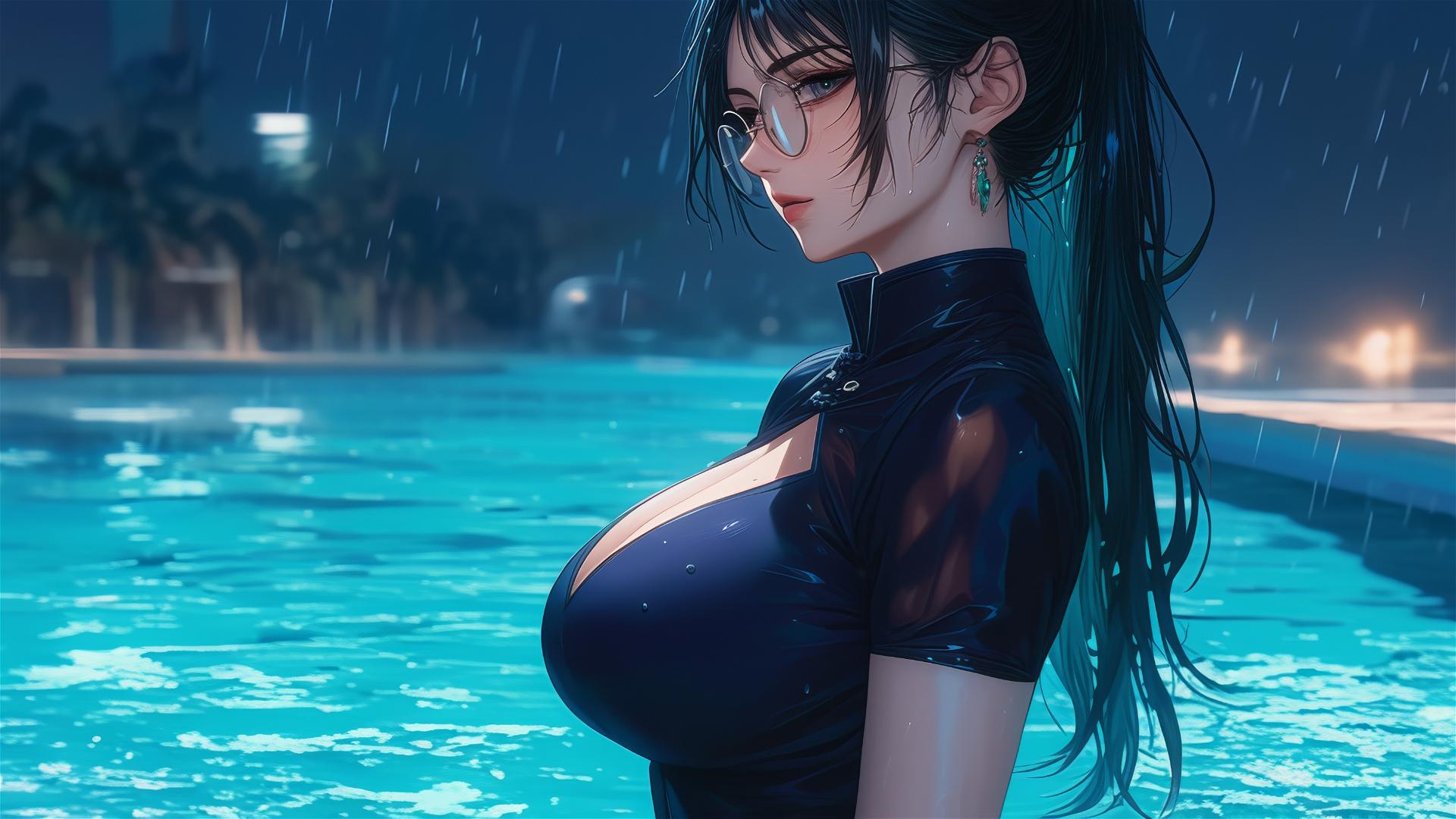 Maki Zenin from Jujutsu Kaisen resting by the pool under moonlight in rain with glasses