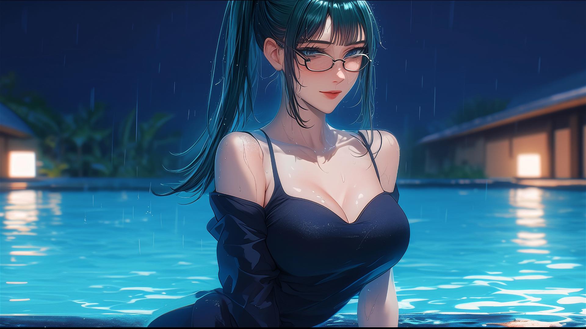 Maki Zenin from Jujutsu Kaisen resting by a pool under moonlight in the rain, wearing glasses
