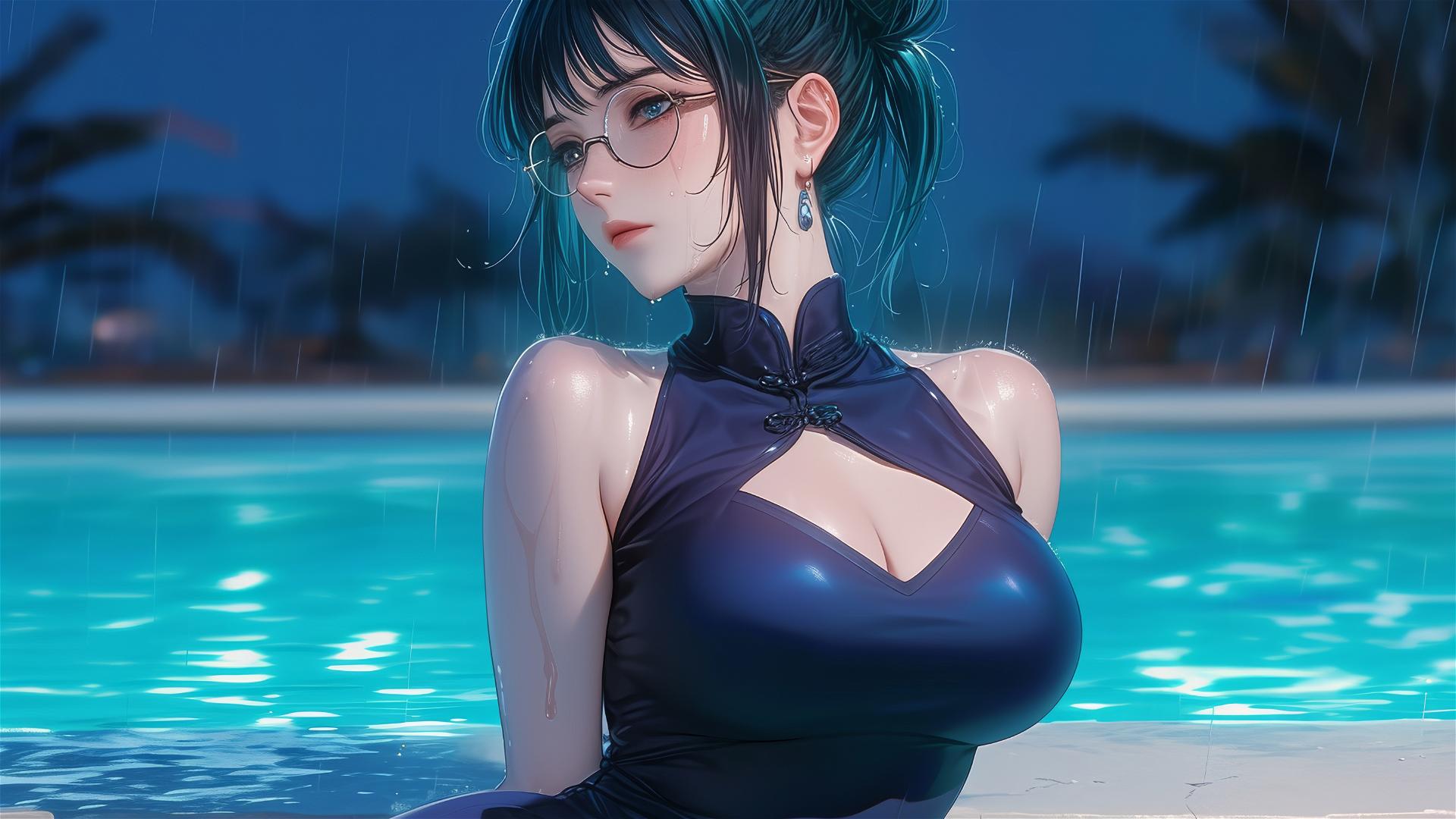 Maki Zenin from Jujutsu Kaisen relaxing by the pool under moonlight on a rainy evening, wearing glasses.