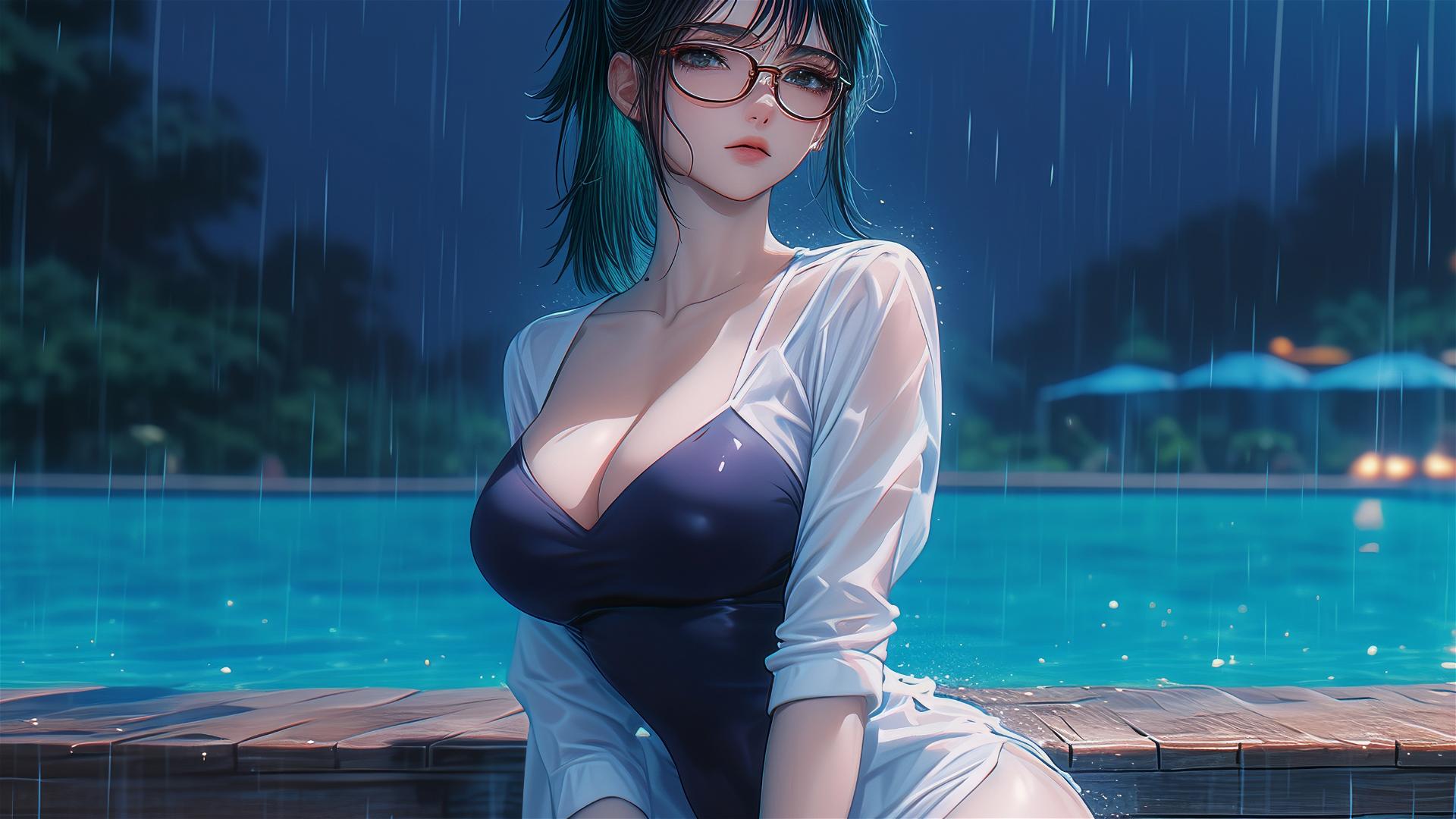 Maki Zenin from Jujutsu Kaisen resting by the pool under moon light, rainy night, wearing glasses